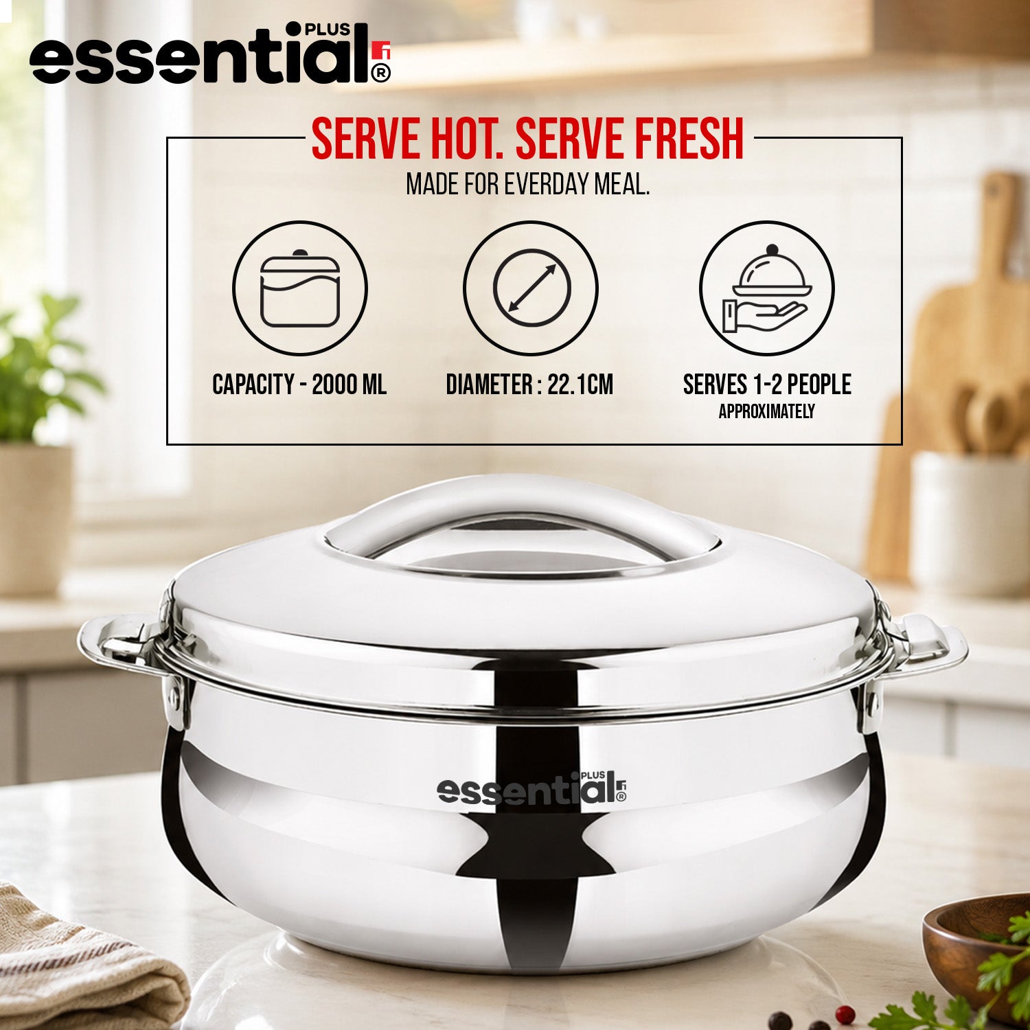 Essential Plus Stainless Steel Belly Shape Hot Pot (Roti Casserole) 2000ml