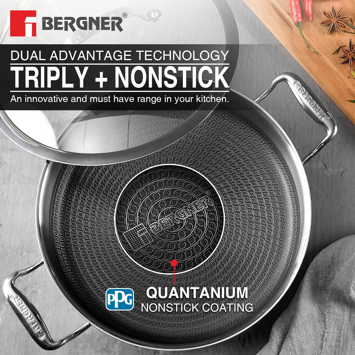 Bergner Hi-Tech TriPly Stainless Steel Non-Stick Serving Pan with Glass Lid Induction Bottom