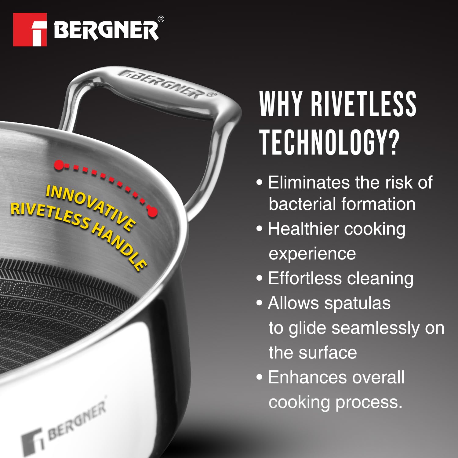 Bergner Hi-Tech TriPly Stainless Steel Non-Stick Serving Pan with Glass Lid Induction Bottom