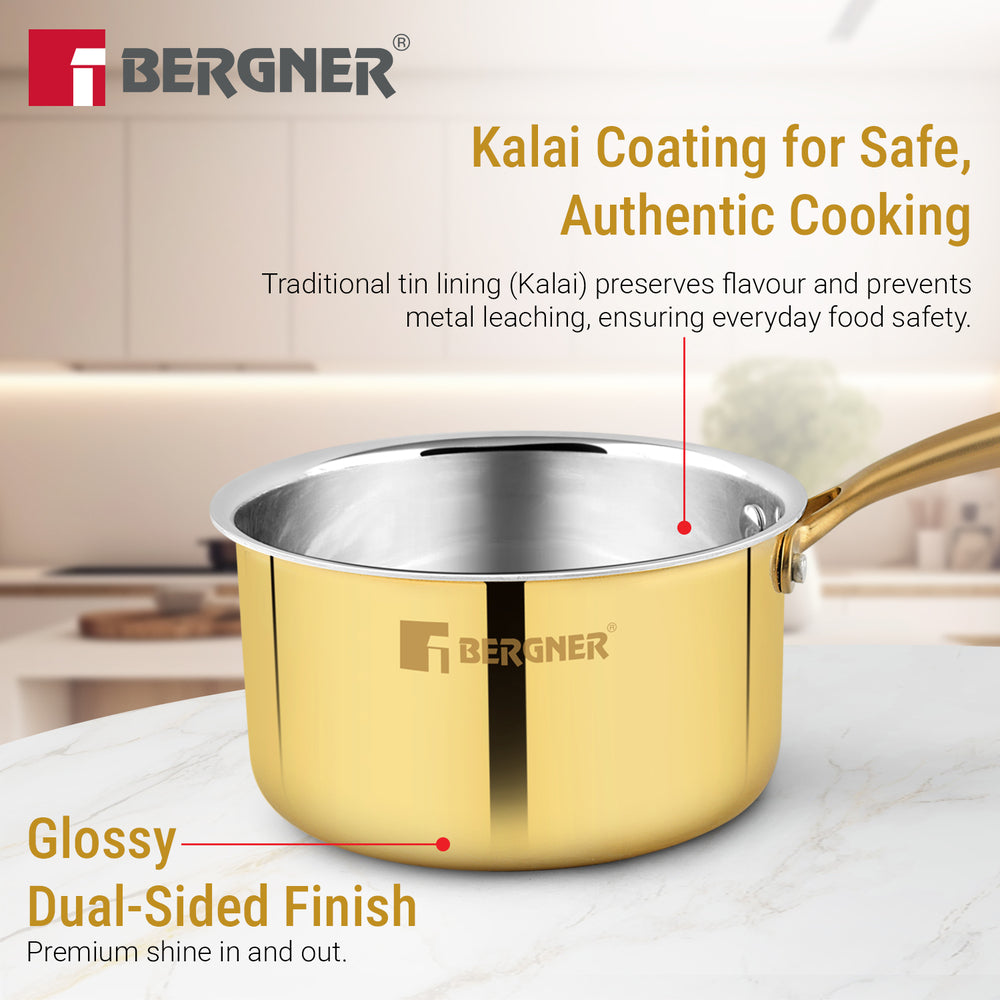 Bergner Peetlam Saucepan with Lid 16cm/1.6L, Traditional, Tin/Kalai Coated Brass
