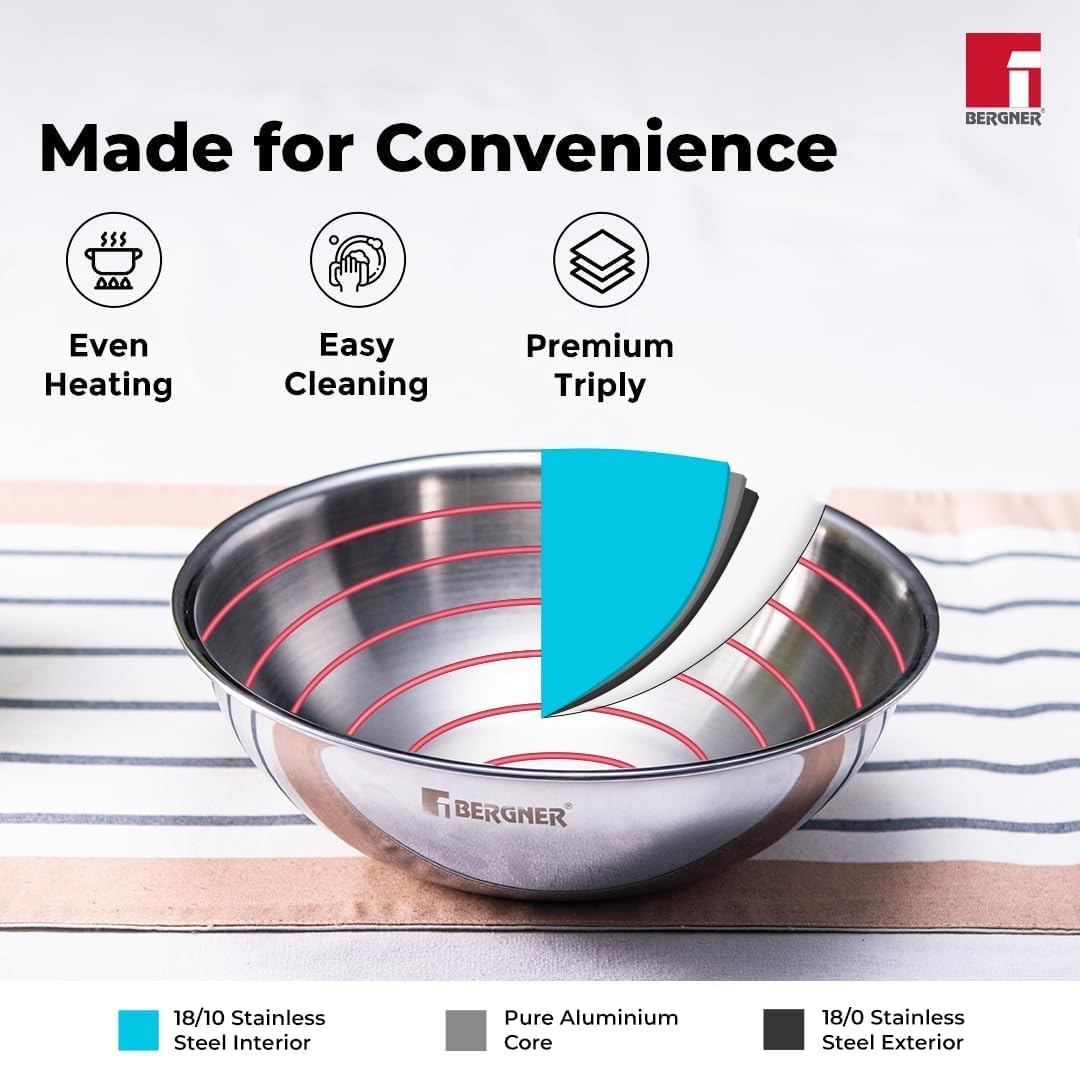 Bergner Argent TriPly Stainless Steel 3 Pcs Tasra Set with Free Pakkad - Full Induction
