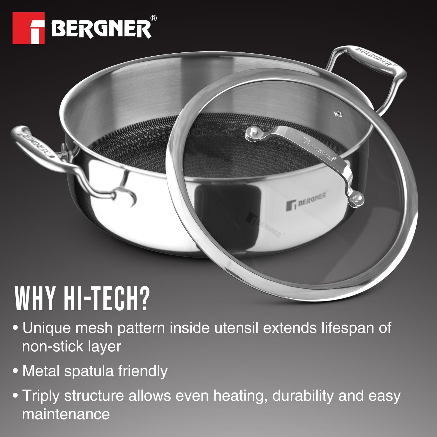 Bergner Hi-Tech TriPly Stainless Steel Non-Stick Serving Pan with Glass Lid Induction Bottom