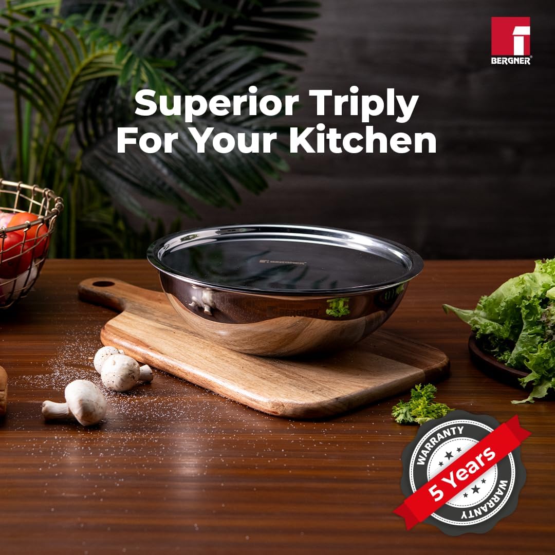 Bergner Argent 28cm (3.9L) TriPly Stainless Steel Tasra with Stainless Steel Lid - Induction Bottom