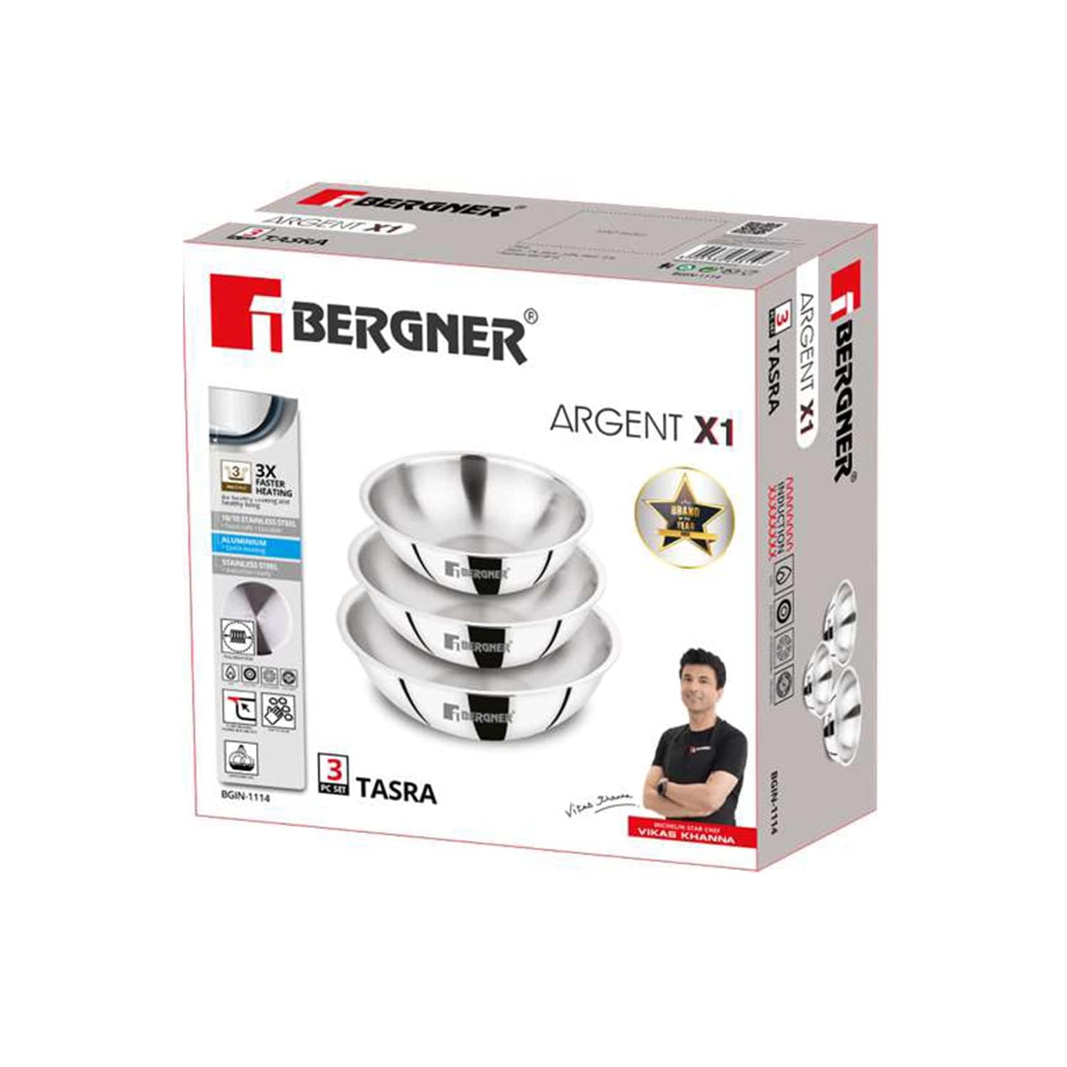 Bergner Argent TriPly Stainless Steel 3 Pcs Tasra Set with Free Pakkad - Full Induction