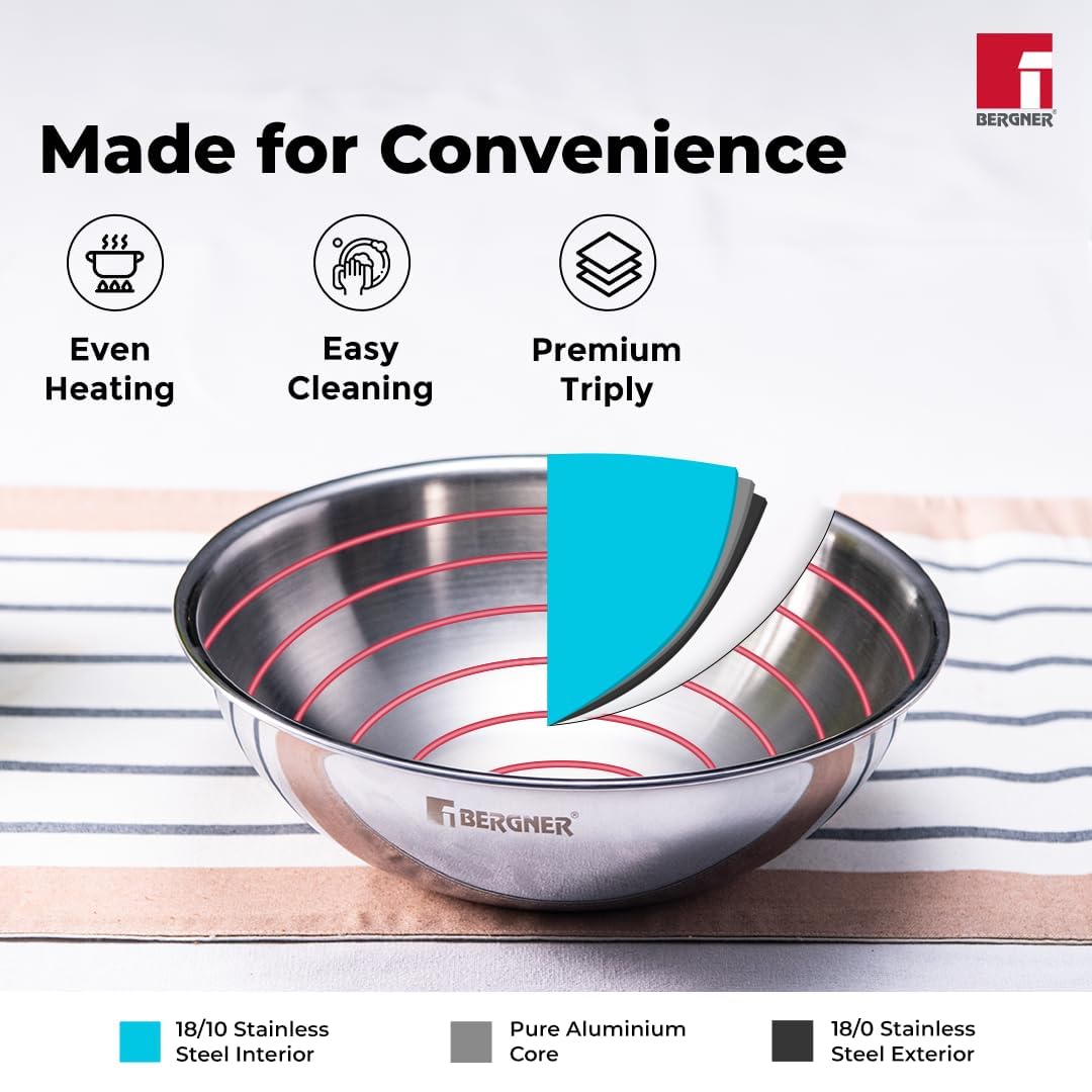 Bergner Argent 28cm (3.9L) TriPly Stainless Steel Tasra with Stainless Steel Lid - Induction Bottom