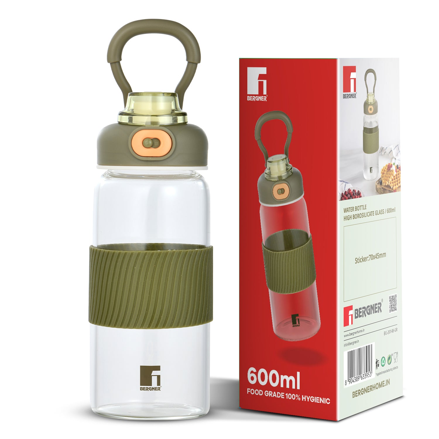 Borosilicate Glass Water Bottle (600ml), Leakproof