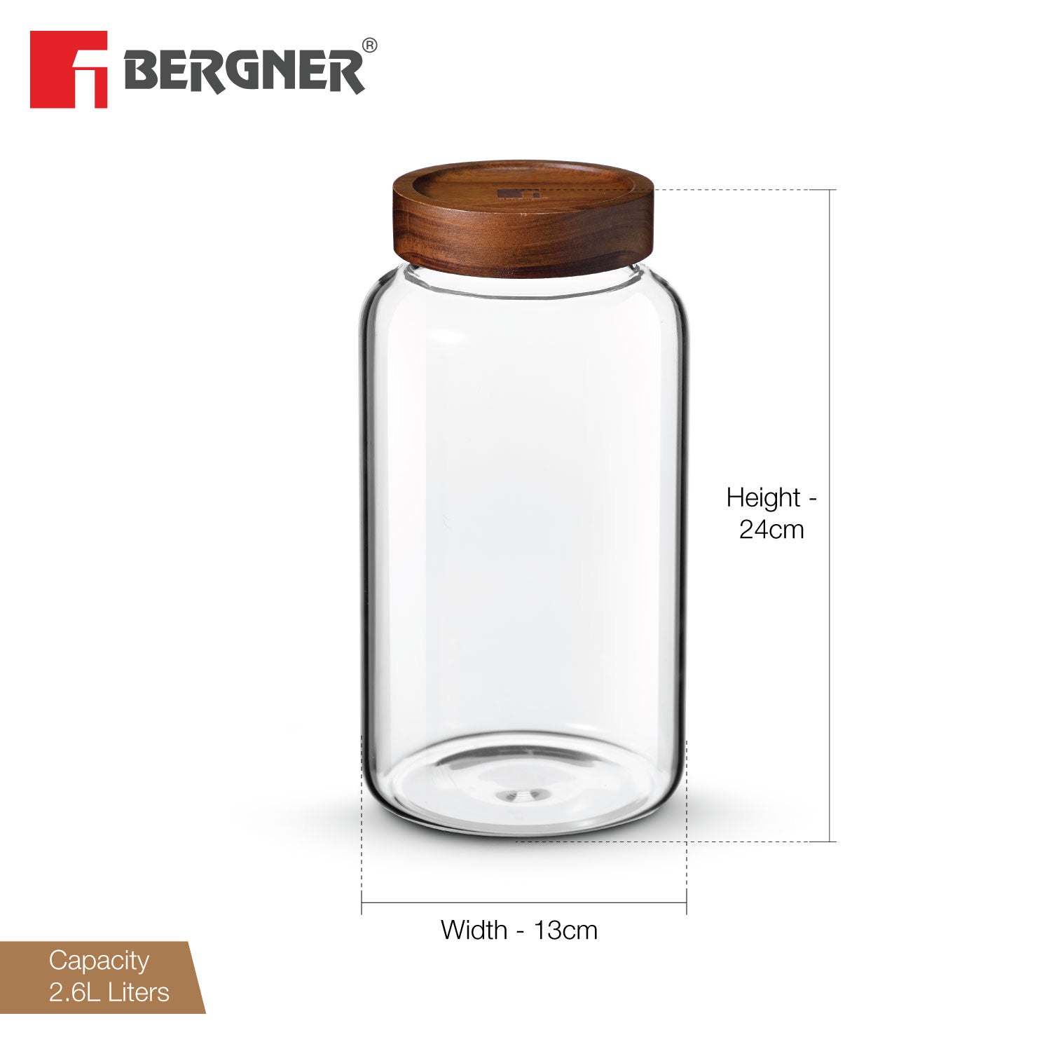Bergner Acadia Borosilicate Glass Jar with Solid Wood Lid, For Storing Sugar, Flour, Tea, Coffee, Spices, Biscuits, Oats, Airtight Multipurpose Container for Kitchen