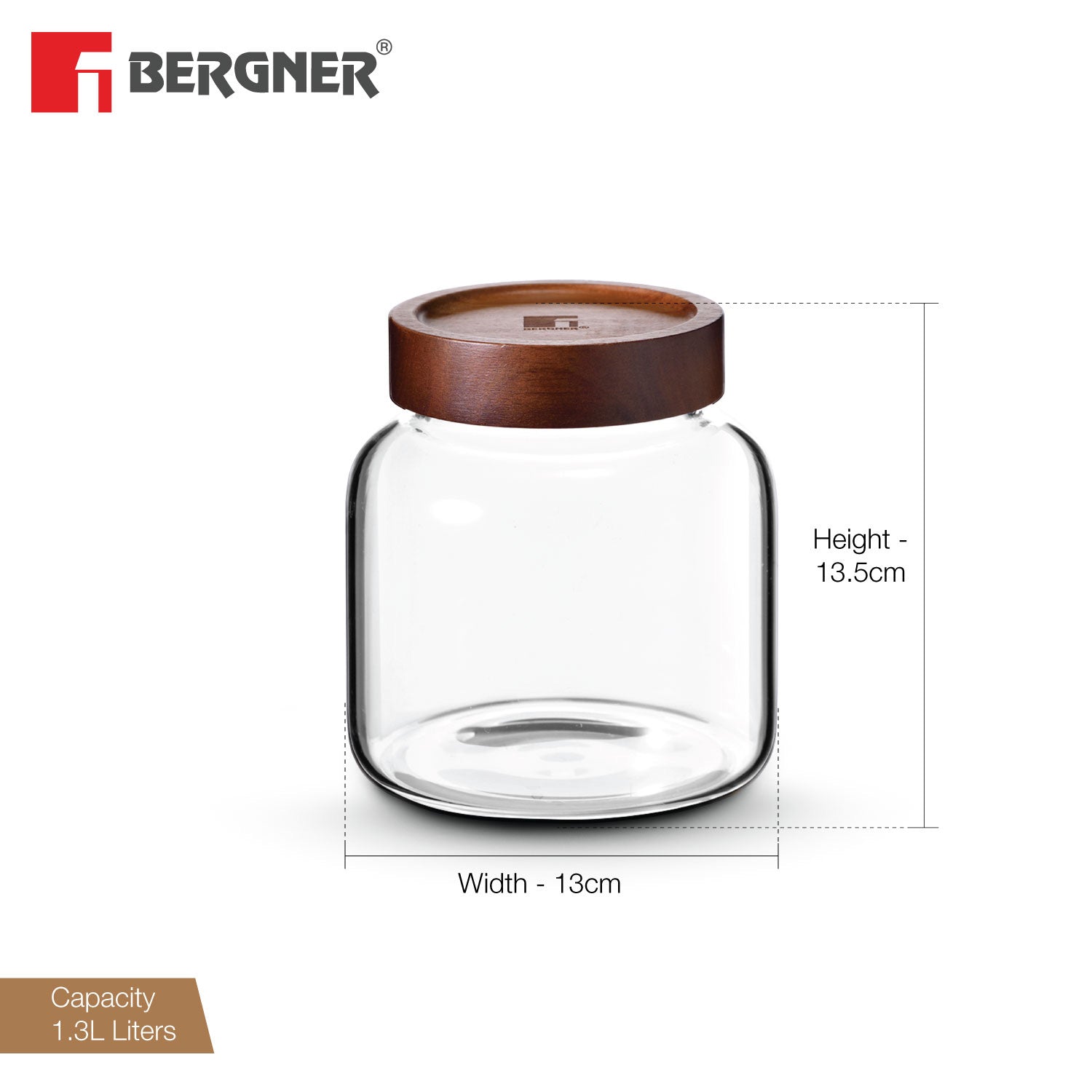 Bergner Acadia Borosilicate Glass Jar with Solid Wood Lid, For Storing Sugar, Flour, Tea, Coffee, Spices, Biscuits, Oats, Airtight Multipurpose Container for Kitchen