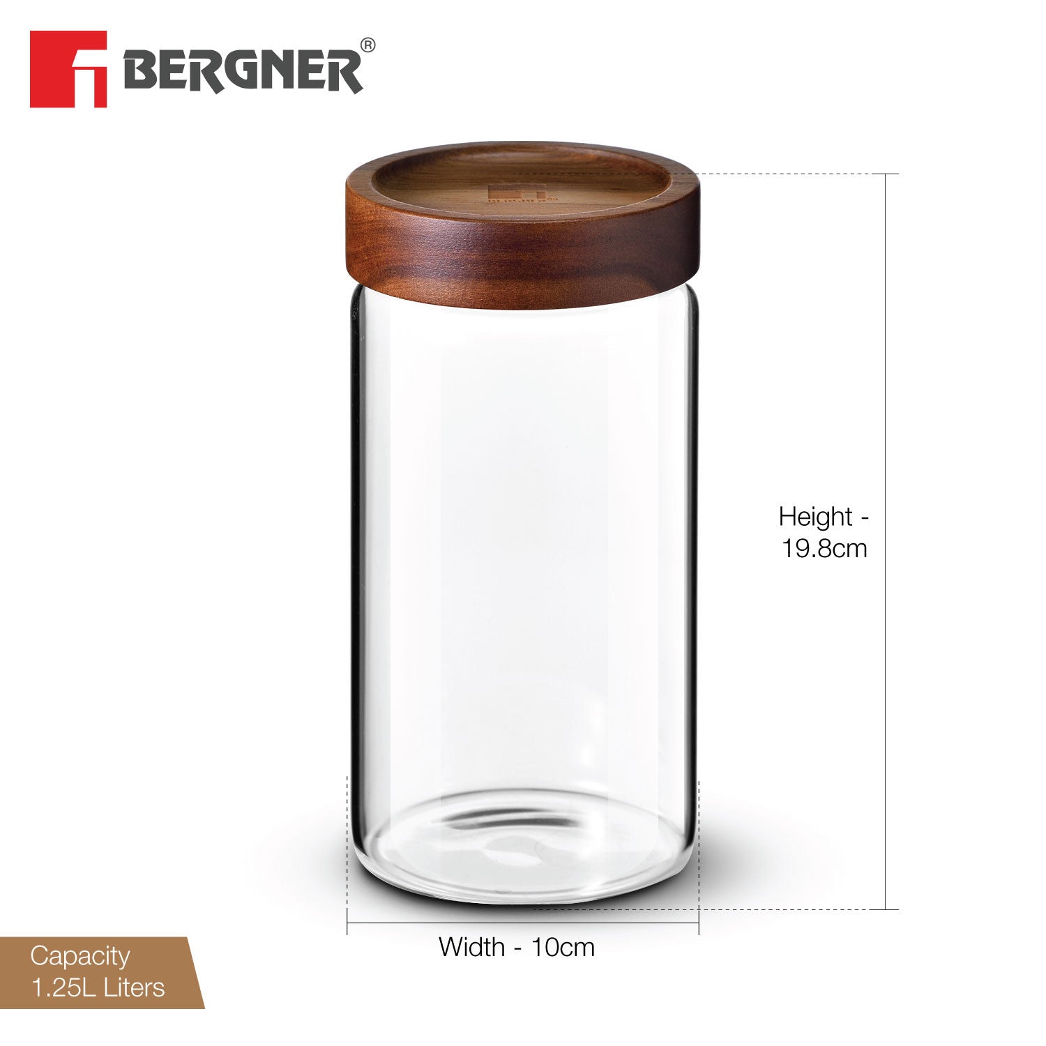 Bergner Acadia Borosilicate Glass Jar with Solid Wood Lid, For Storing Sugar, Flour, Tea, Coffee, Spices, Biscuits, Oats, Airtight Multipurpose Container for Kitchen