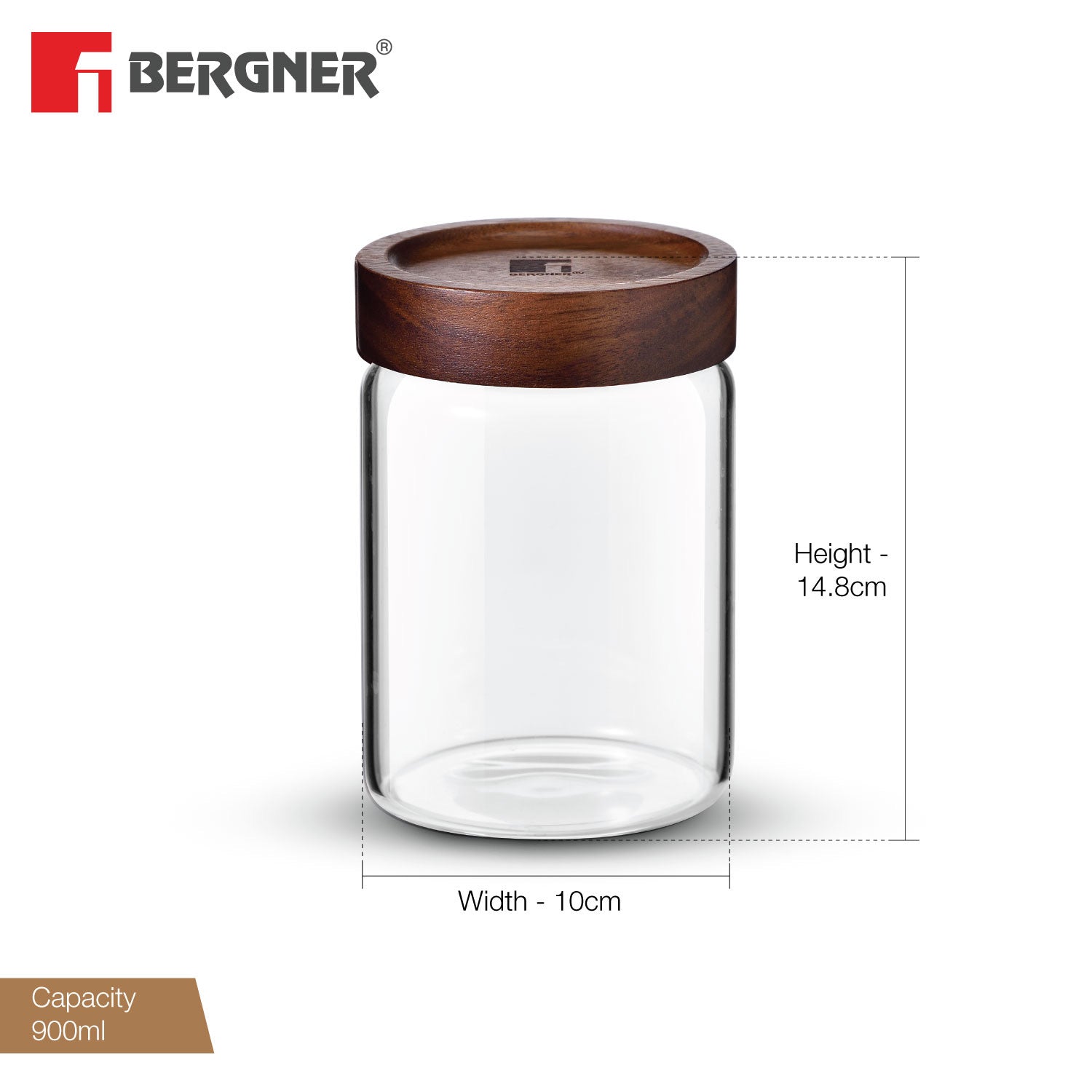 Bergner Acadia Borosilicate Glass Jar with Solid Wood Lid, For Storing Sugar, Flour, Tea, Coffee, Spices, Biscuits, Oats, Airtight Multipurpose Container for Kitchen