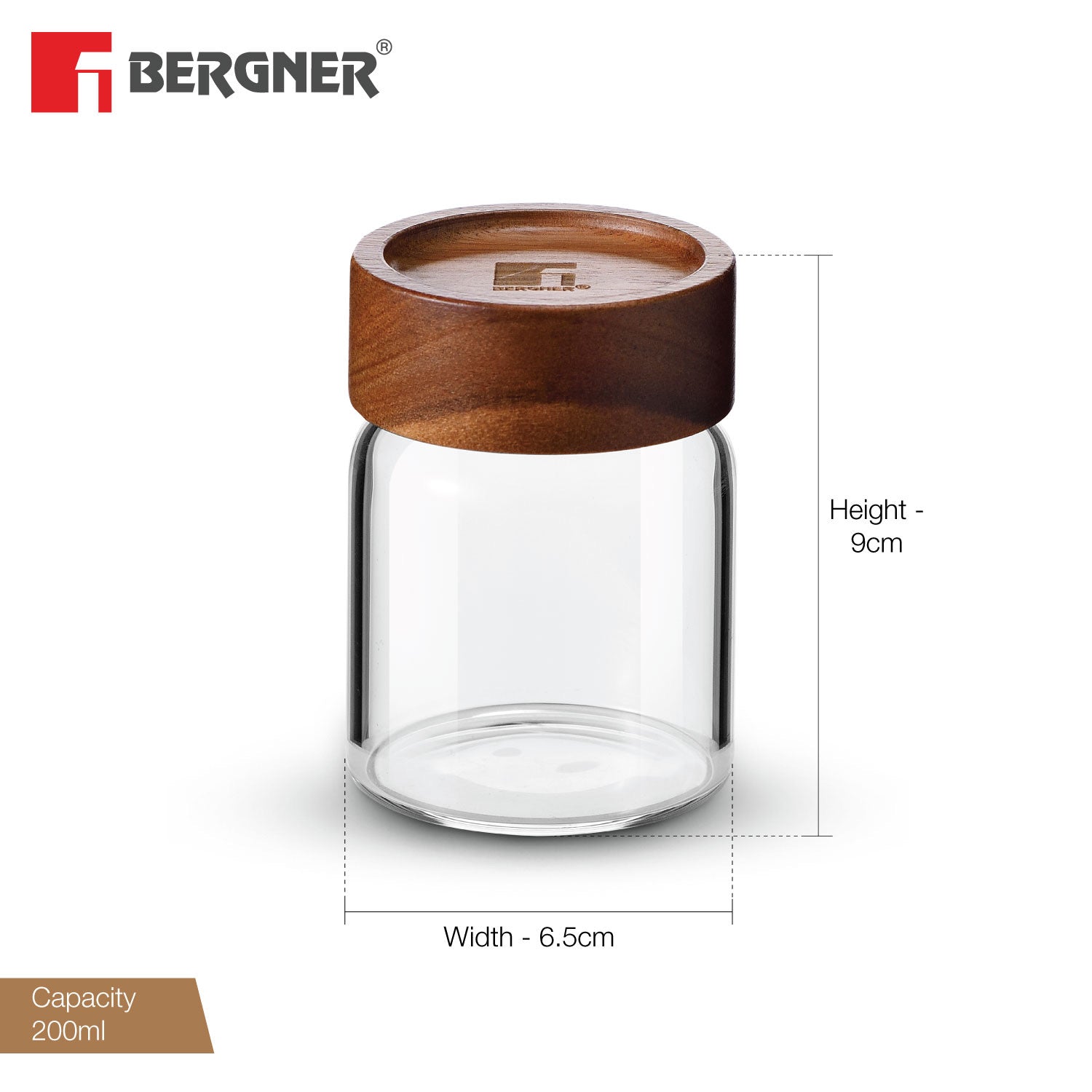 Bergner Acadia Borosilicate Glass Jar with Solid Wood Lid, For Storing Sugar, Flour, Tea, Coffee, Spices, Biscuits, Oats, Airtight Multipurpose Container for Kitchen