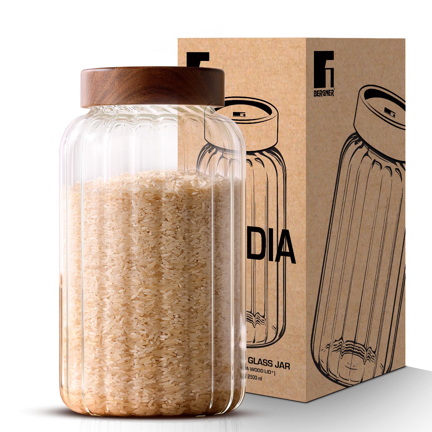 Bergner Acadia 2500ml large stripe borosilicate glass jar with solid acacia wood lid filled with white rice beside retail packaging box
