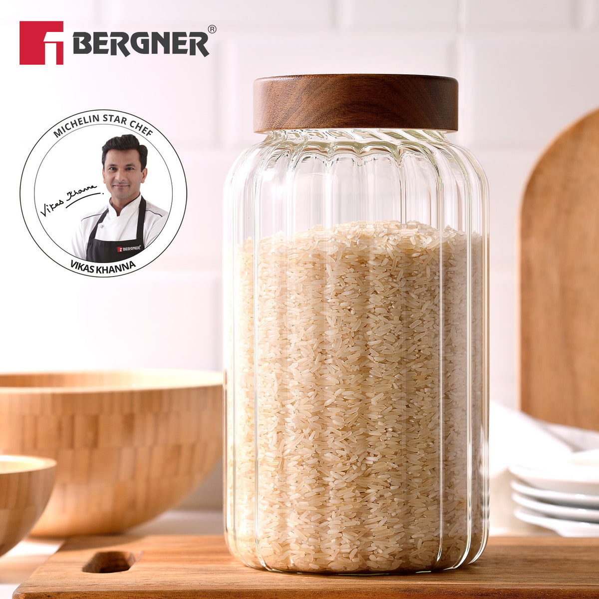Bergner Acadia 2600ml stripe borosilicate glass jar with solid acacia wood lid filled with rice, endorsed by Michelin Star Chef Vikas Khanna
