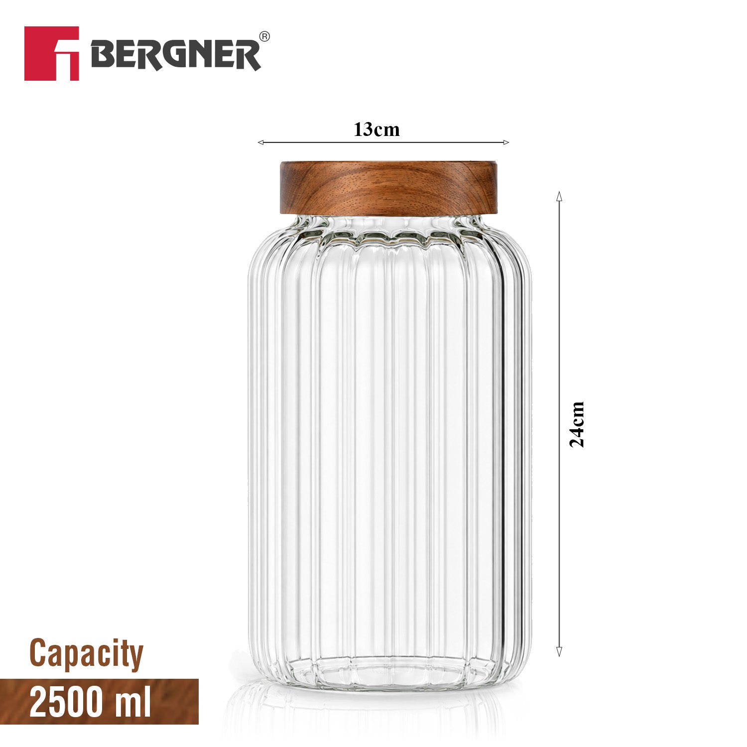 Bergner Acadia 2600ml extra large stripe borosilicate glass jar dimension diagram showing 24cm height and 13cm width with solid acacia wood lid