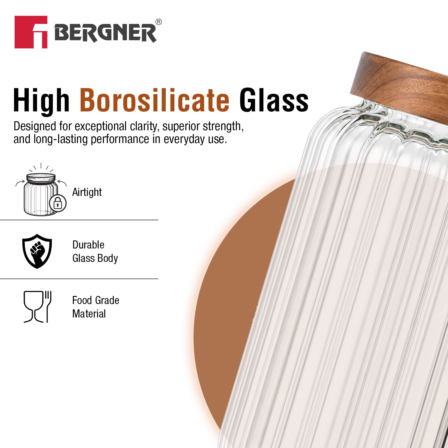 Bergner Acadia stripe borosilicate glass jar with solid acacia wood lid filled with rice, endorsed by Michelin Star Chef Vikas Khanna