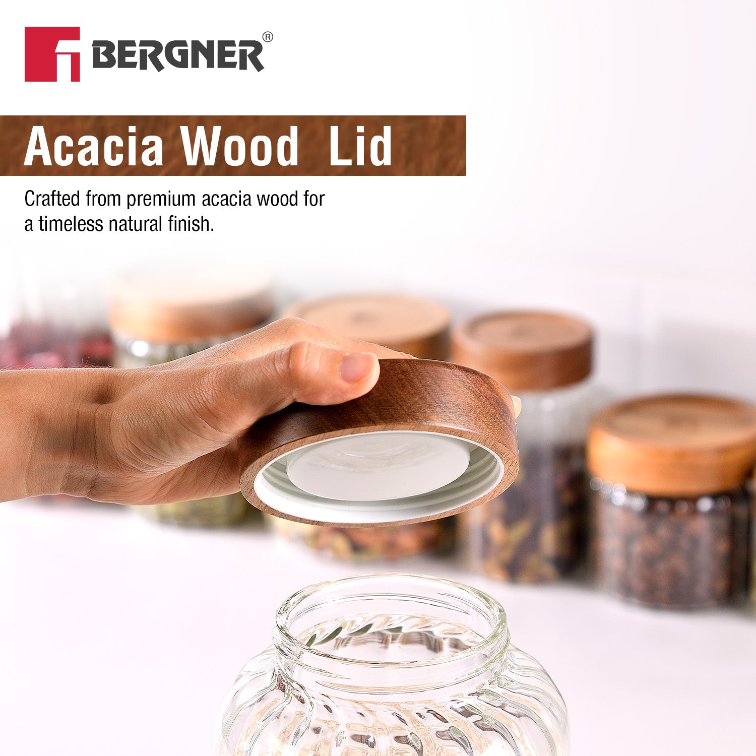 Bergner Acadia borosilicate glass jar with natural acacia wood lid featuring airtight food grade silicone seal for pantry freshness