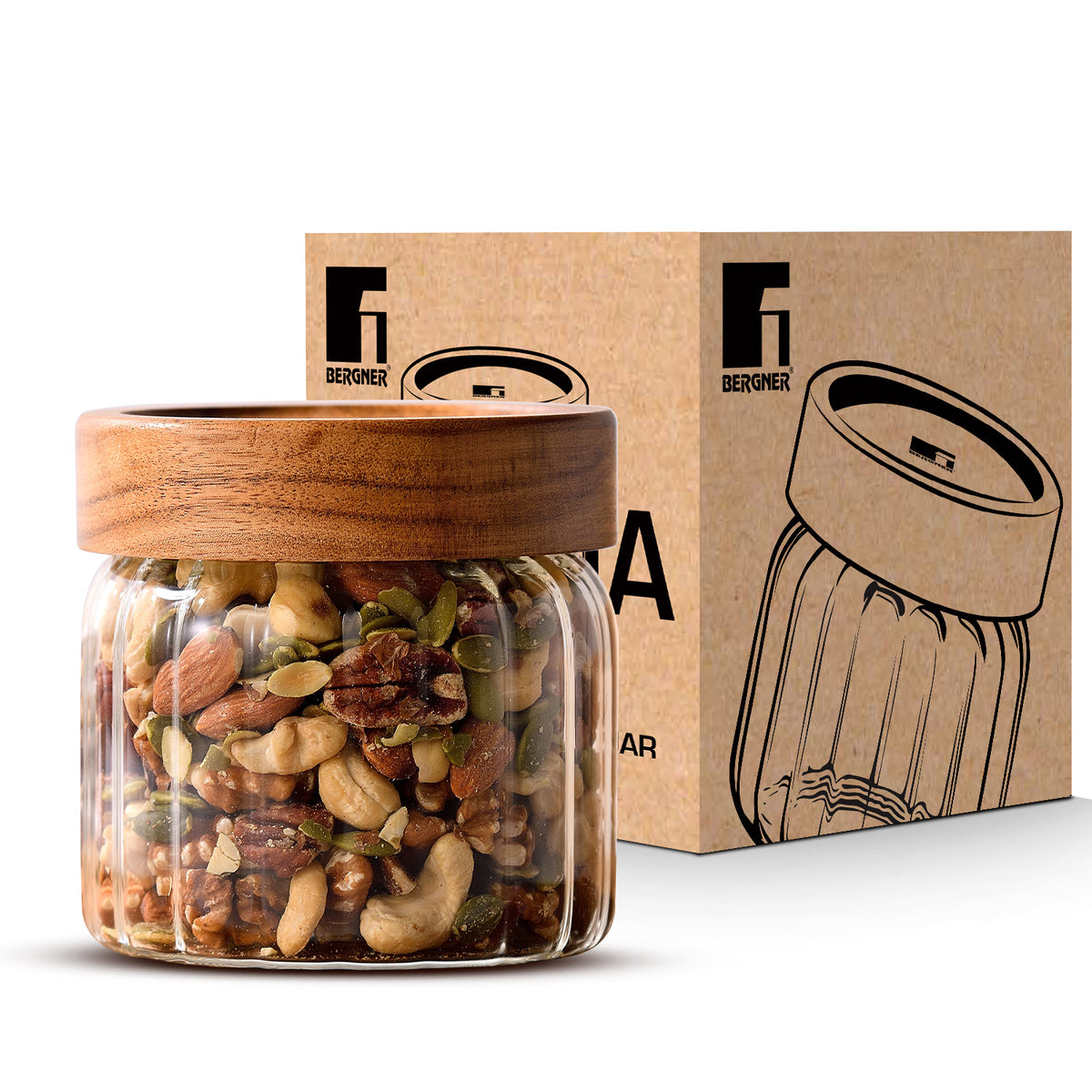 Bergner Acadia 580ml stripe borosilicate glass jar with solid acacia wood lid filled with dried fruits beside its retail packaging box