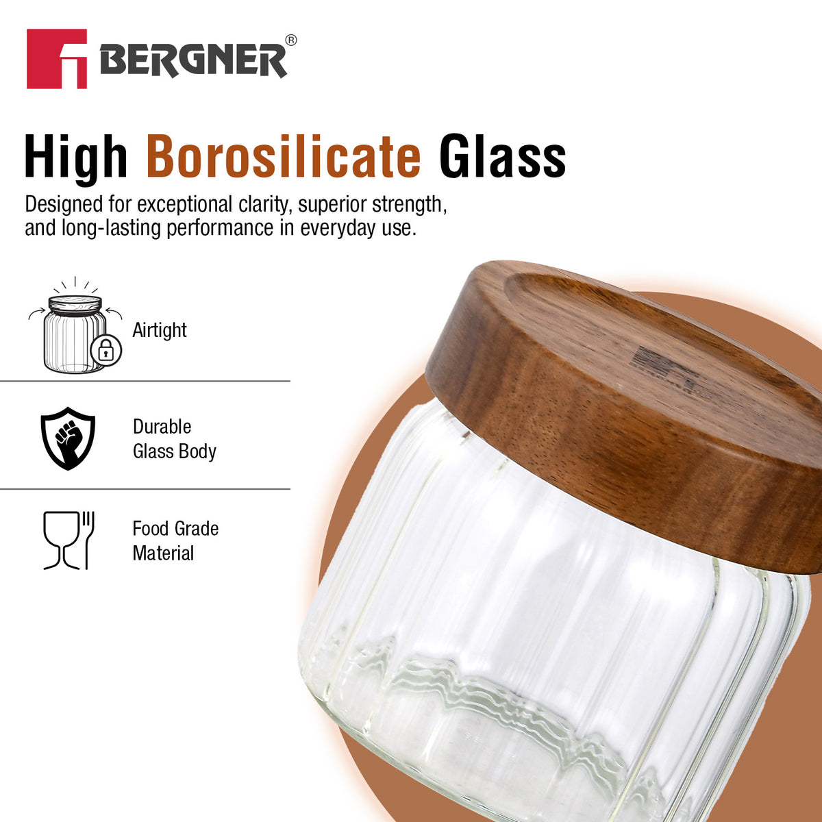 Bergner Acadia 580ml high borosilicate glass jar with solid acacia wood lid featuring airtight seal, durable glass body, and food grade material