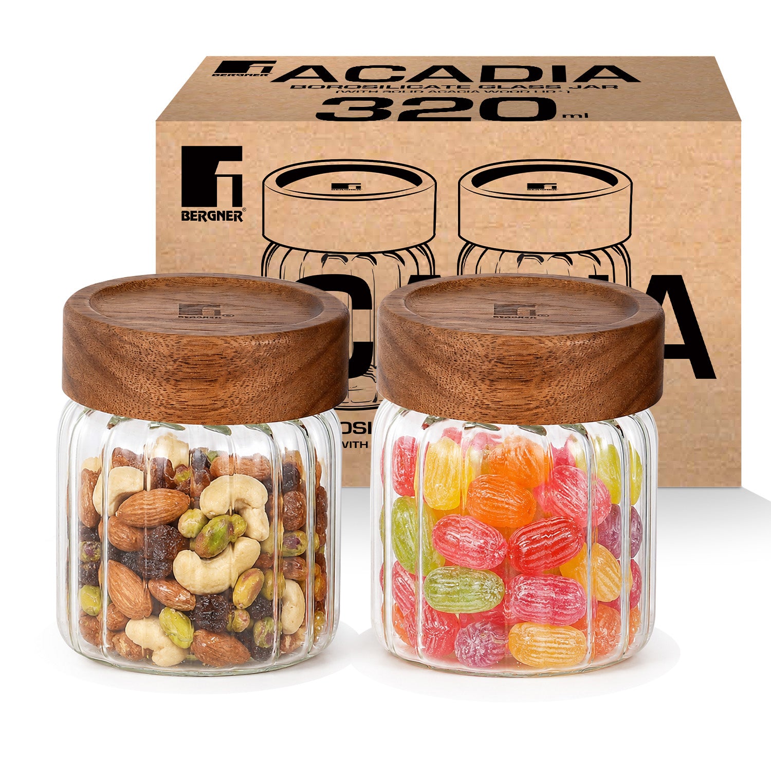 Bergner Acadia 320ml stripe borosilicate glass jar set of 2 with acacia wood lids filled with mixed nuts and candies beside their retail packaging box