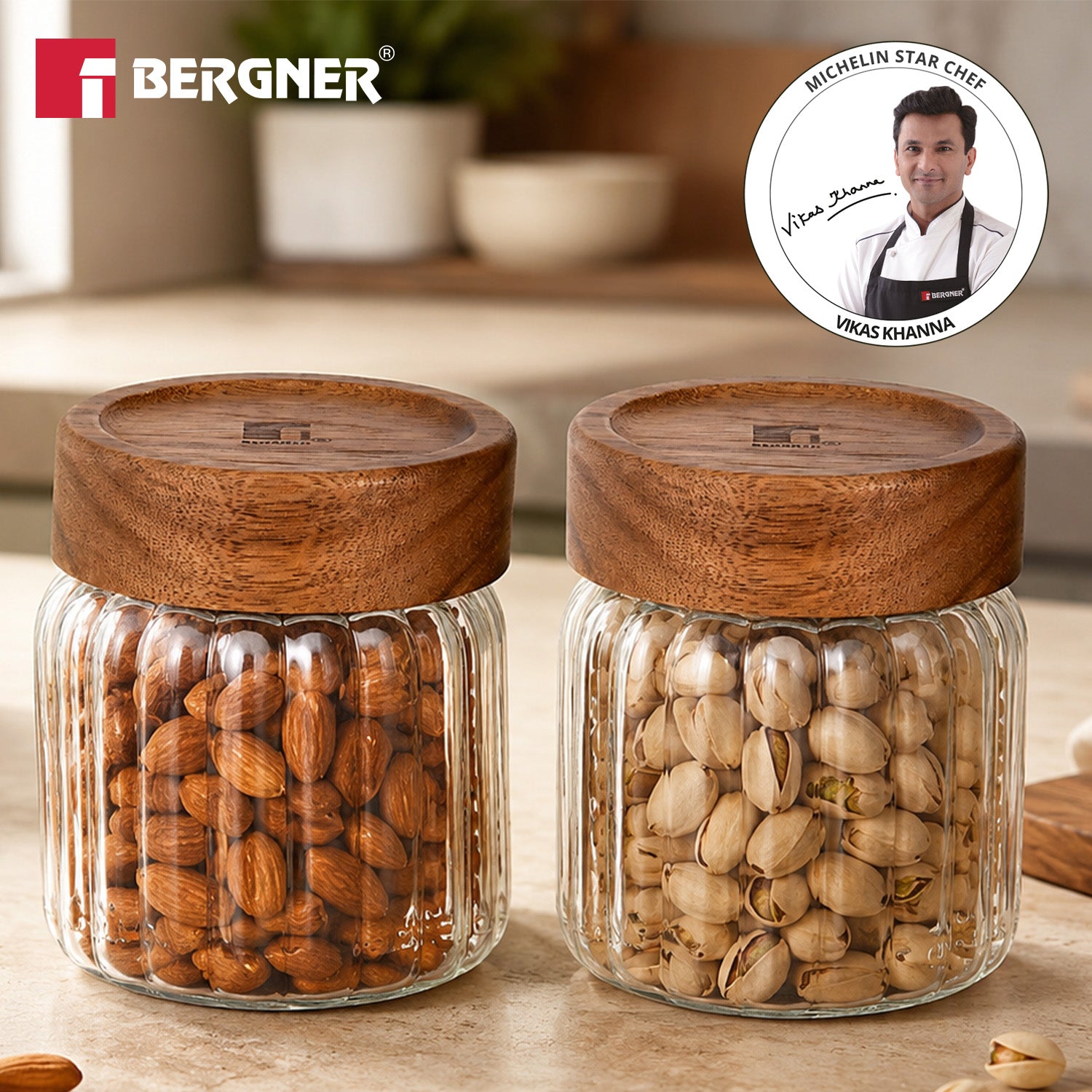 Bergner Acadia 320ml stripe borosilicate glass jar set of 2 with acacia wood lids storing almonds and pistachios, endorsed by Michelin Star Chef Vikas Khanna