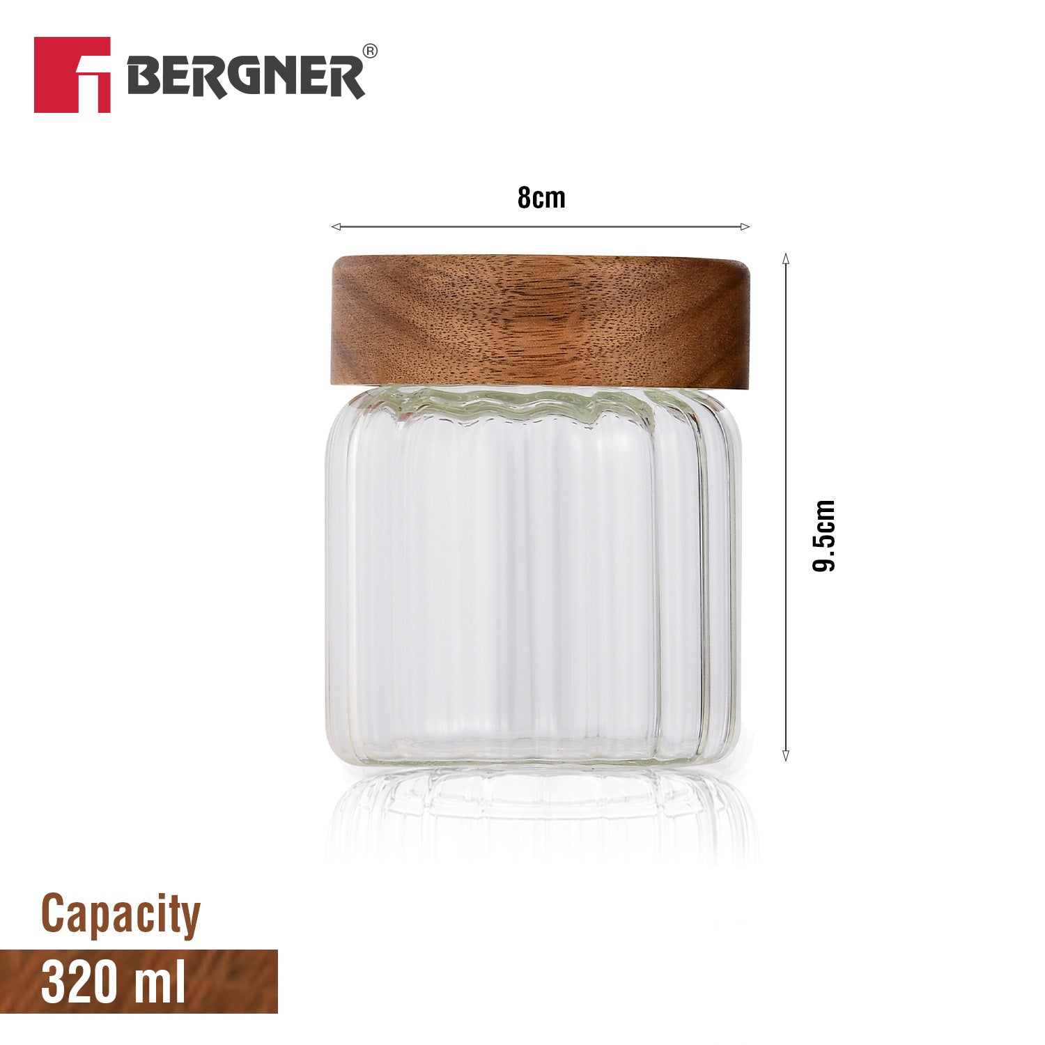 Bergner Acadia 320ml stripe borosilicate glass jar dimension diagram showing 9.5cm height and 8cm width with solid acacia wood lid