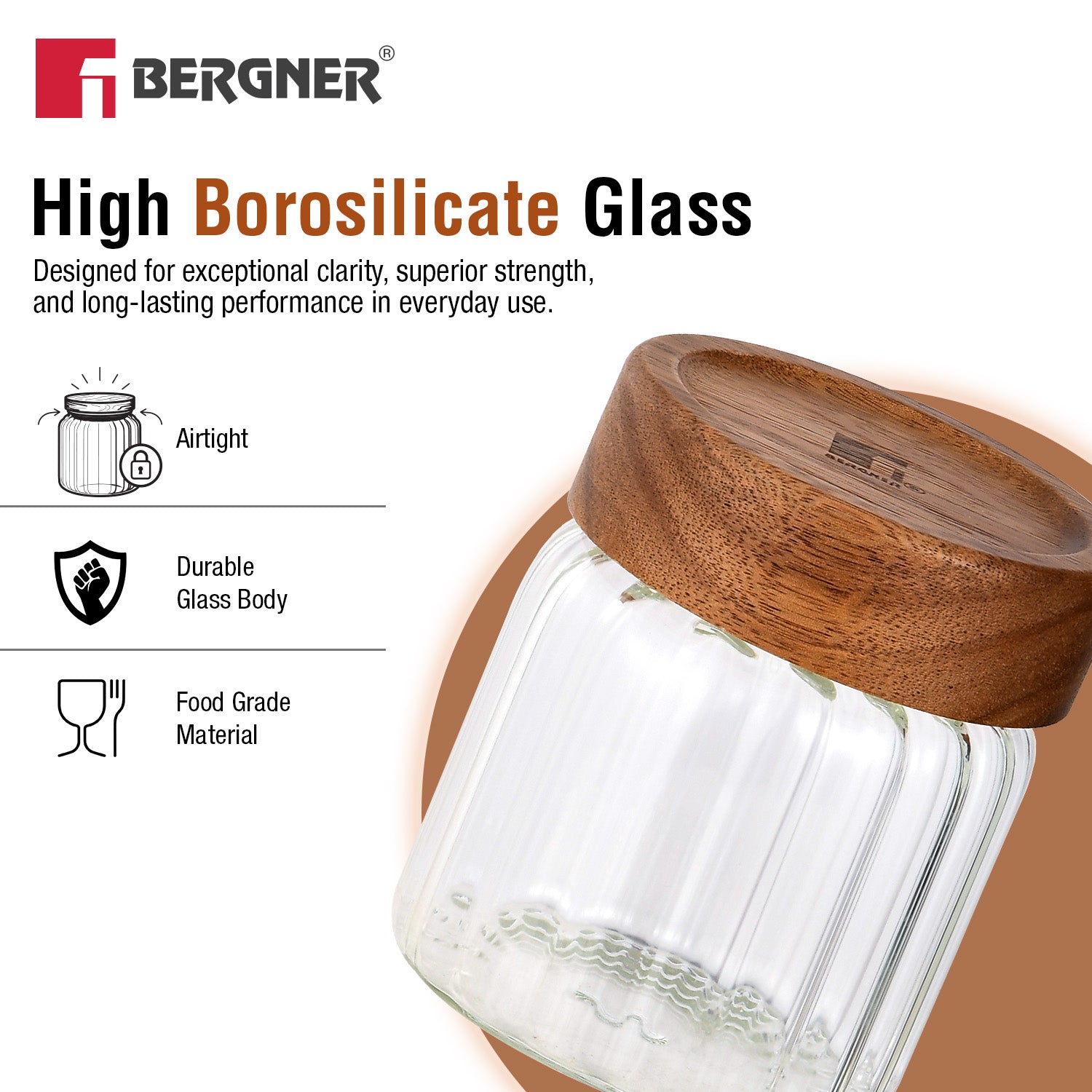 Bergner Acadia 320ml high borosilicate glass jar with solid acacia wood lid featuring airtight seal, durable glass body, and food grade material