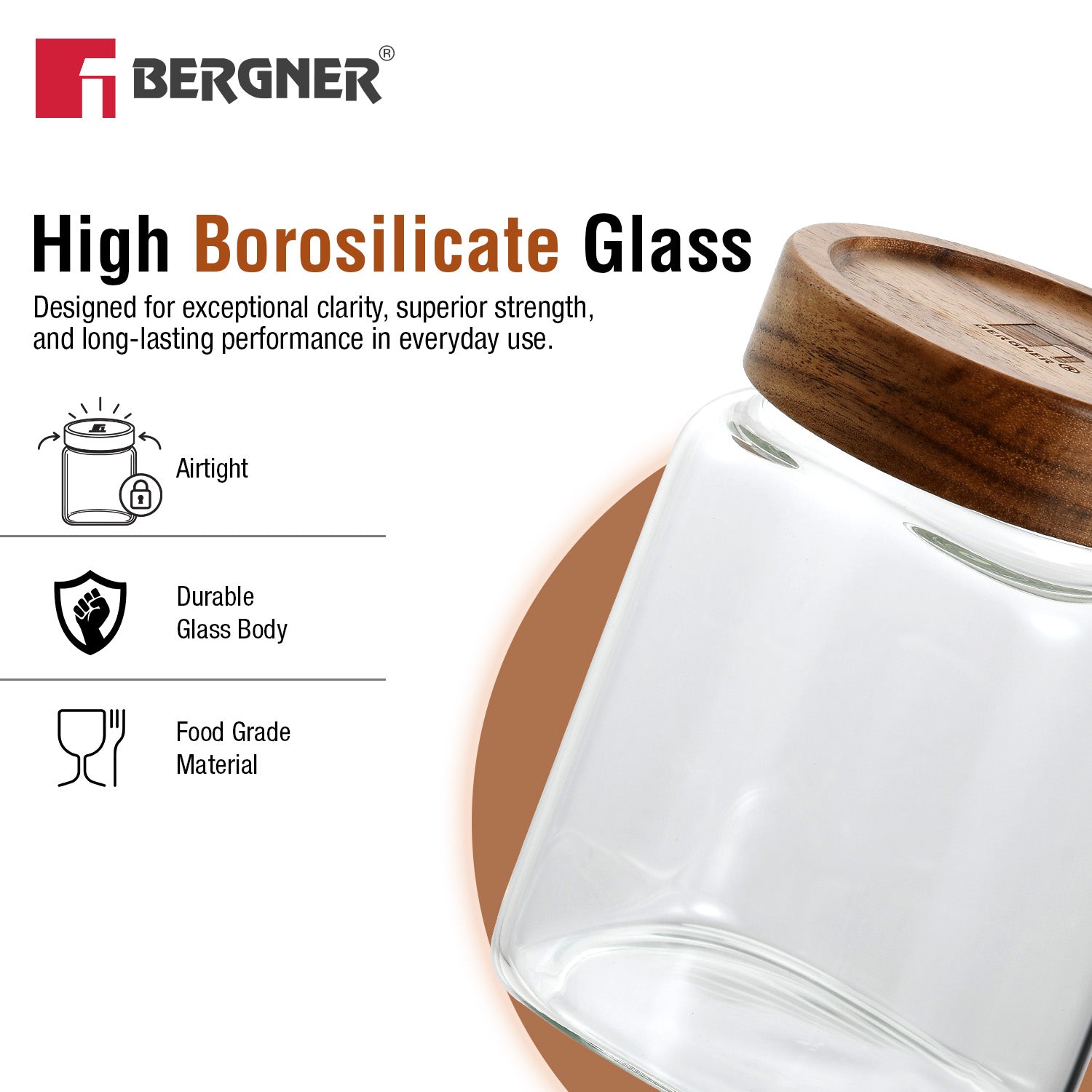 Acadia 1050ml Square Borosilicate Glass Jar with Wooden Lid