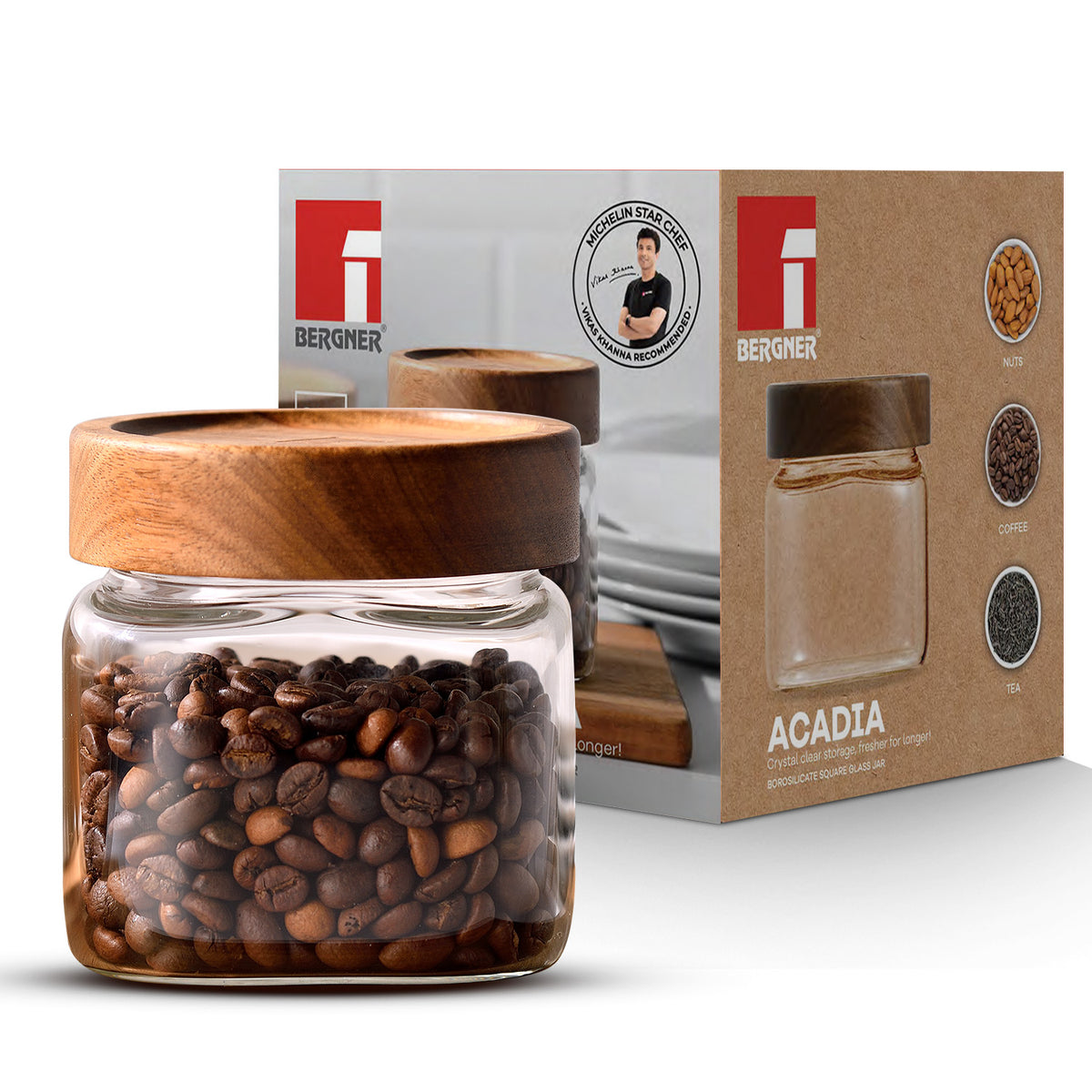 Acadia 680ml Square Borosilicate Glass Jar with Wooden Lid