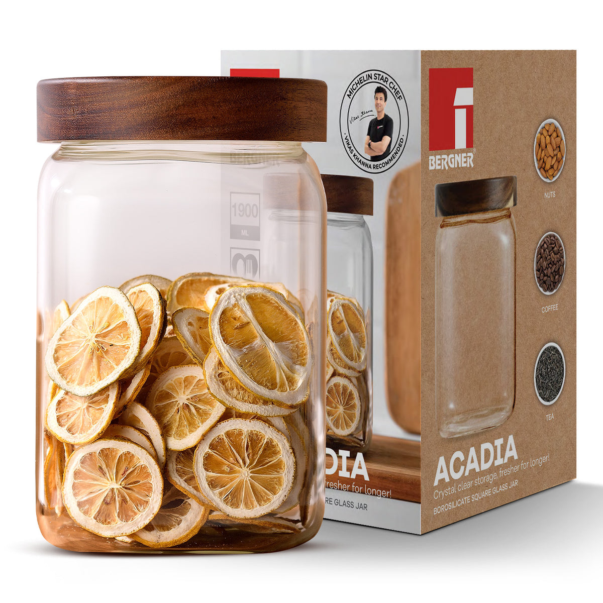 Acadia 1900ml Square Borosilicate Glass Jar with Wooden Lid