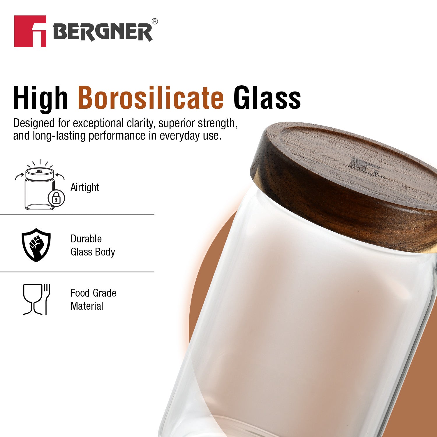 Acadia 1900ml Square Borosilicate Glass Jar with Wooden Lid