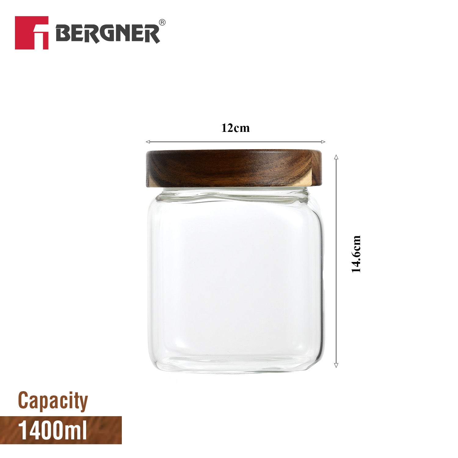 Acadia 1400ml Square Borosilicate Glass Jar with Wooden Lid
