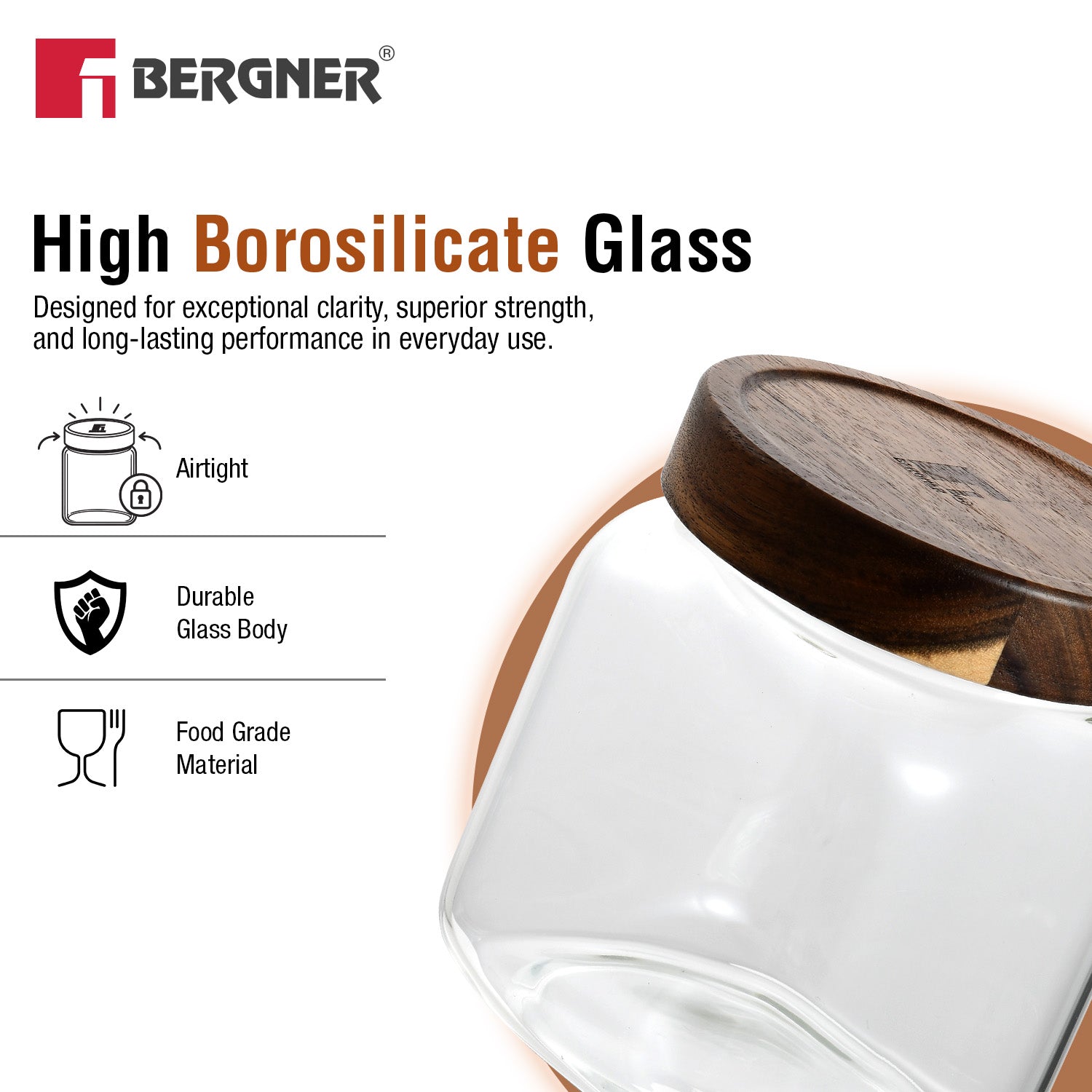Acadia 1400ml Square Borosilicate Glass Jar with Wooden Lid