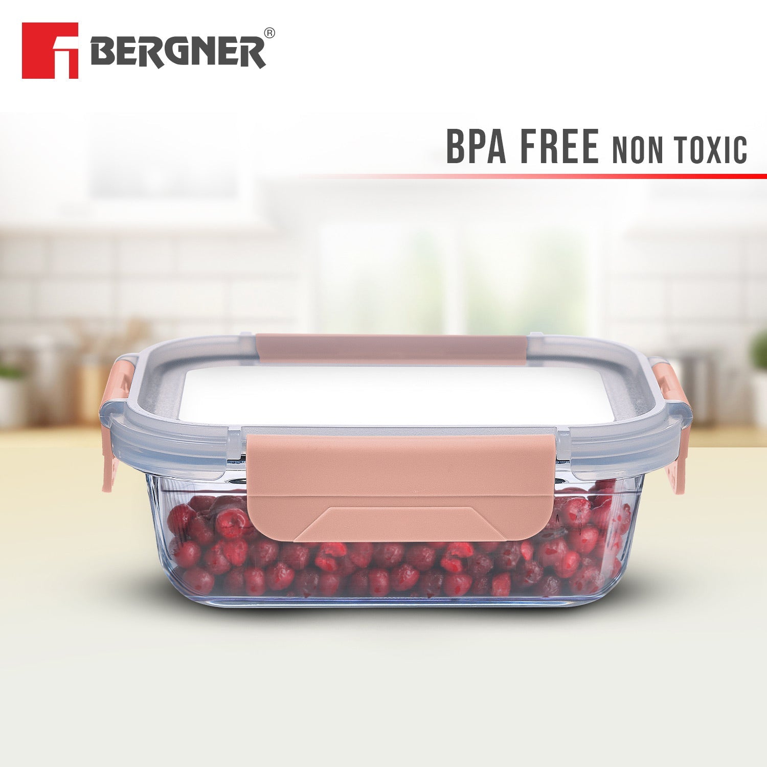 Bergner Smart Lock Borosilicate Glass Food Container, Air-Tight Lid with Locking Tab, Microwave and Oven Safe, Dishwasher Safe