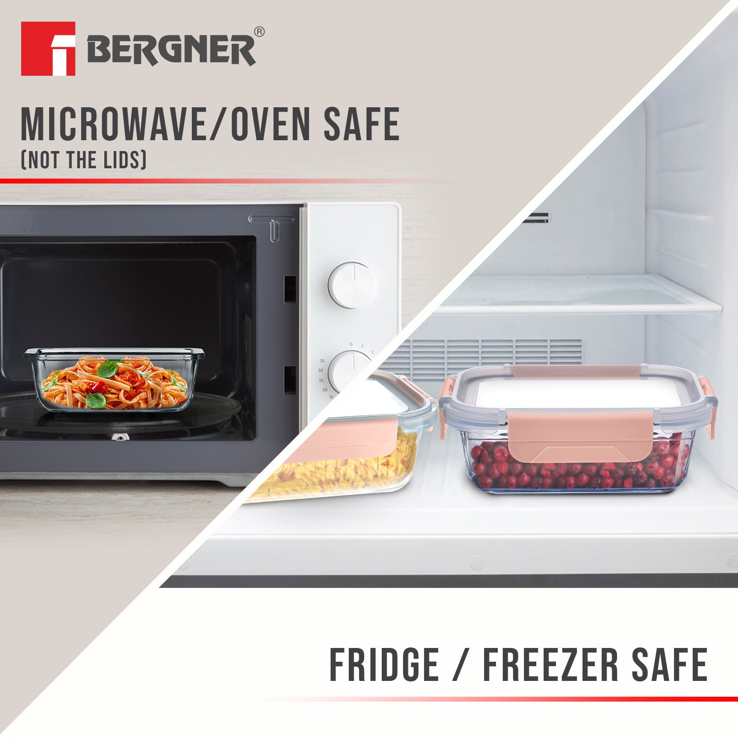 Bergner Smart Lock Borosilicate Glass Food Container, Air-Tight Lid with Locking Tab, Microwave and Oven Safe, Dishwasher Safe