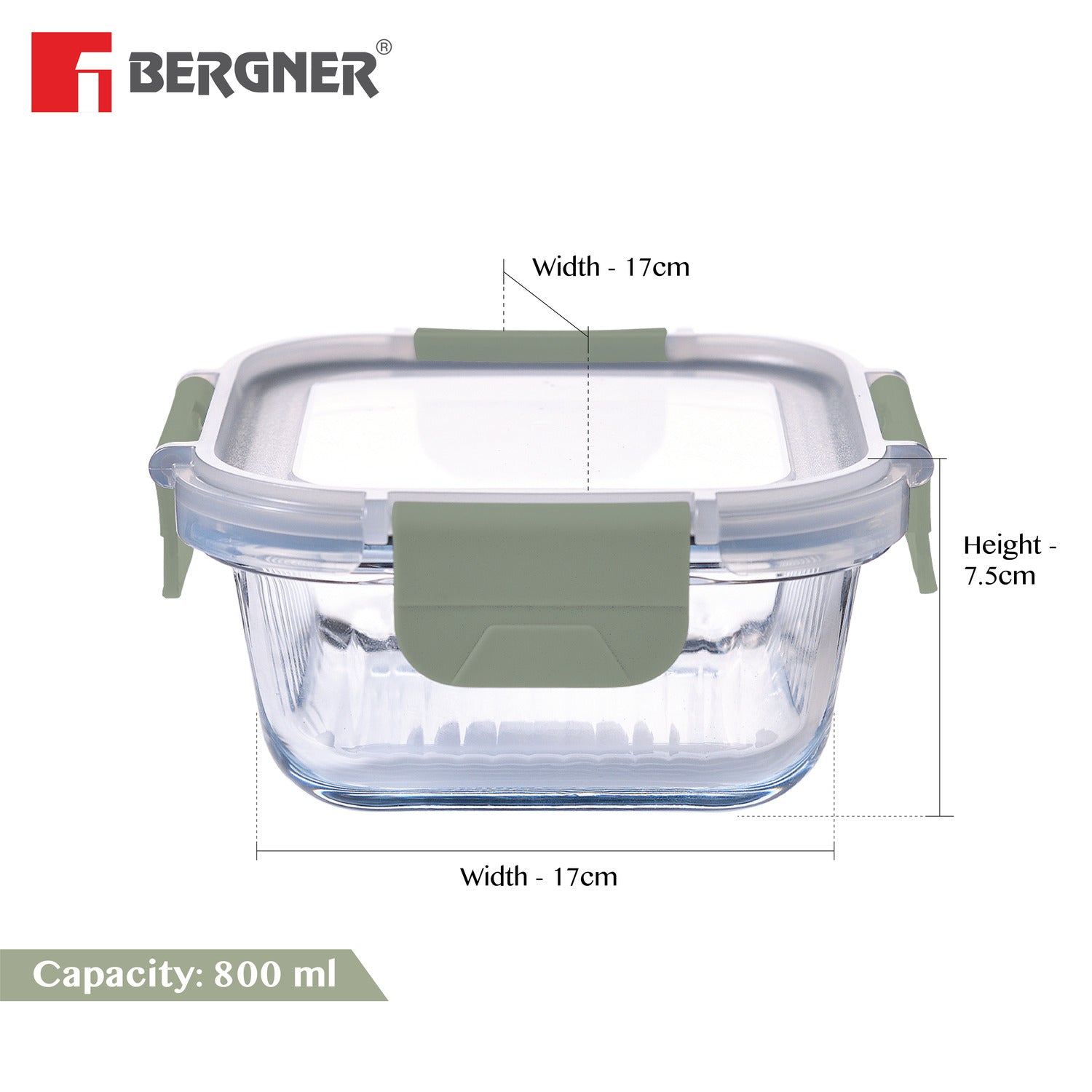 Bergner Smart Lock Borosilicate Glass Food Container, Air-Tight Lid with Locking Tab, Microwave and Oven Safe, Dishwasher Safe