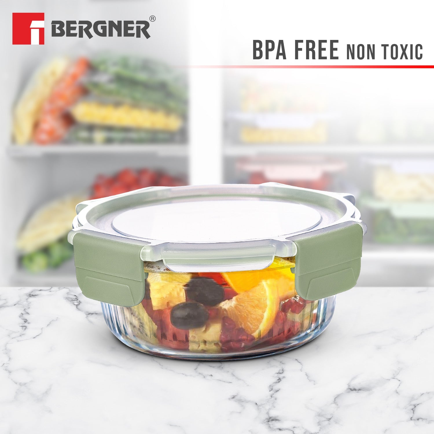 Bergner Smart Lock Borosilicate Glass Food Container, Air-Tight Lid with Locking Tab, Microwave and Oven Safe, Dishwasher Safe