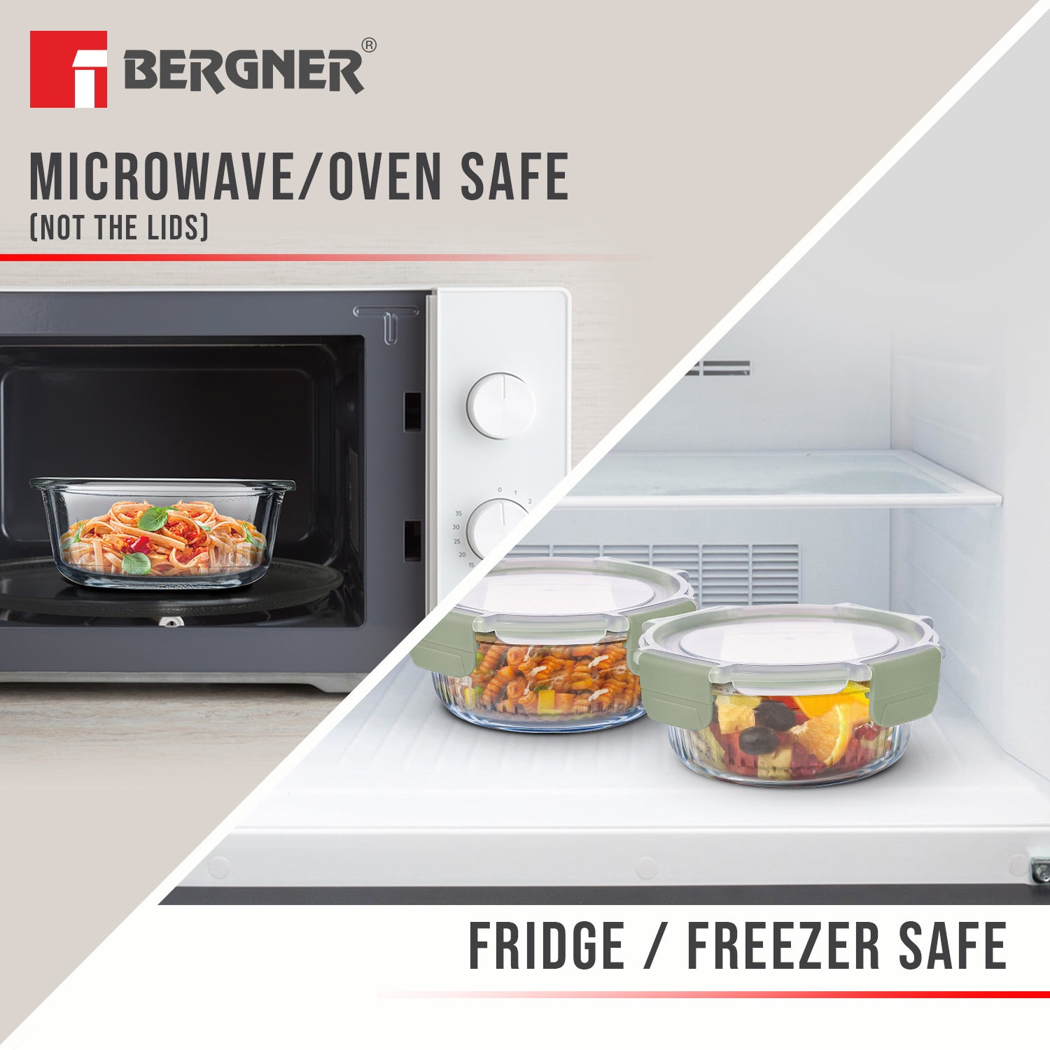 Bergner Smart Lock Borosilicate Glass Food Container, Air-Tight Lid with Locking Tab, Microwave and Oven Safe, Dishwasher Safe