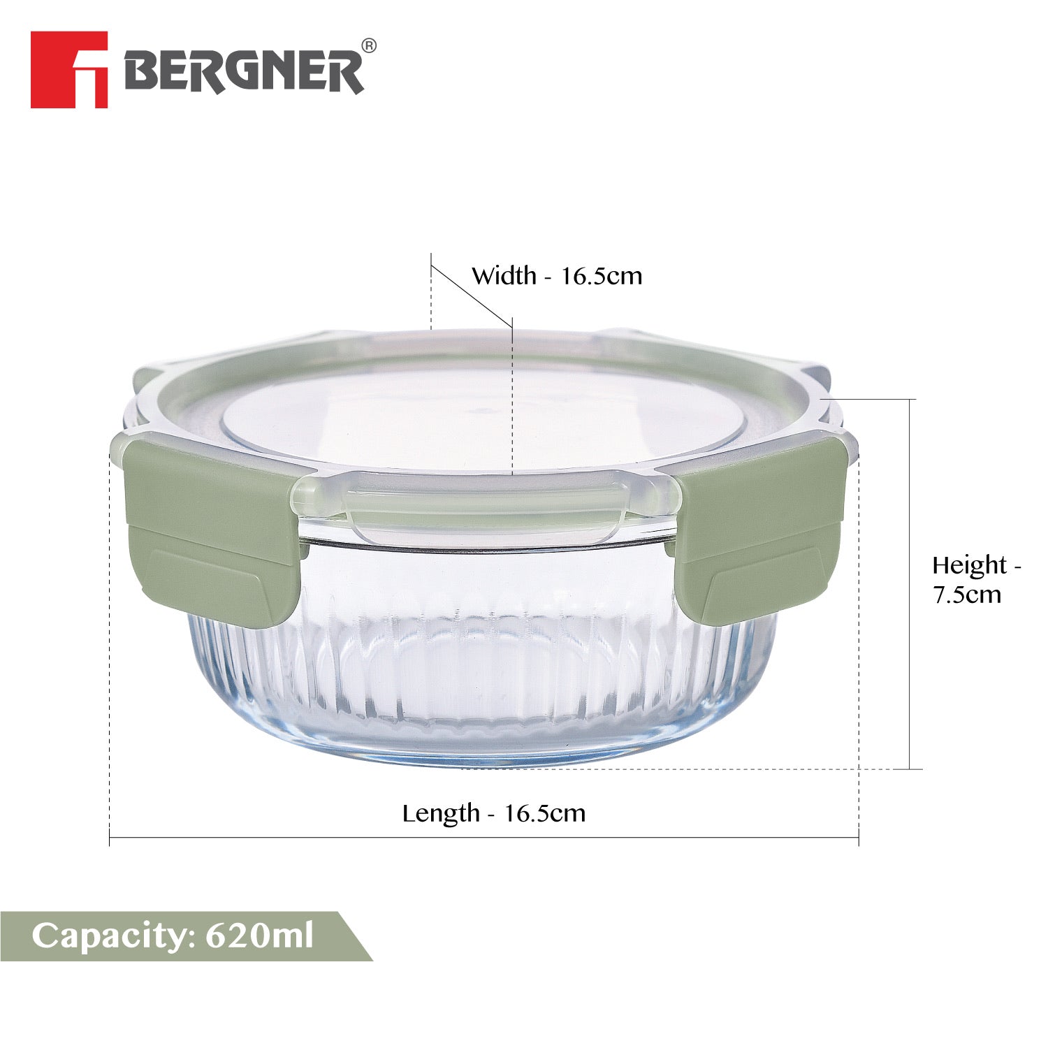Bergner Smart Lock Borosilicate Glass Food Container, Air-Tight Lid with Locking Tab, Microwave and Oven Safe, Dishwasher Safe