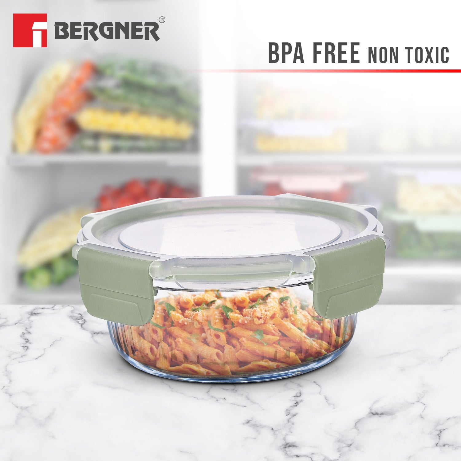 Bergner Smart Lock Borosilicate Glass Food Container, Air-Tight Lid with Locking Tab, Microwave and Oven Safe, Dishwasher Safe