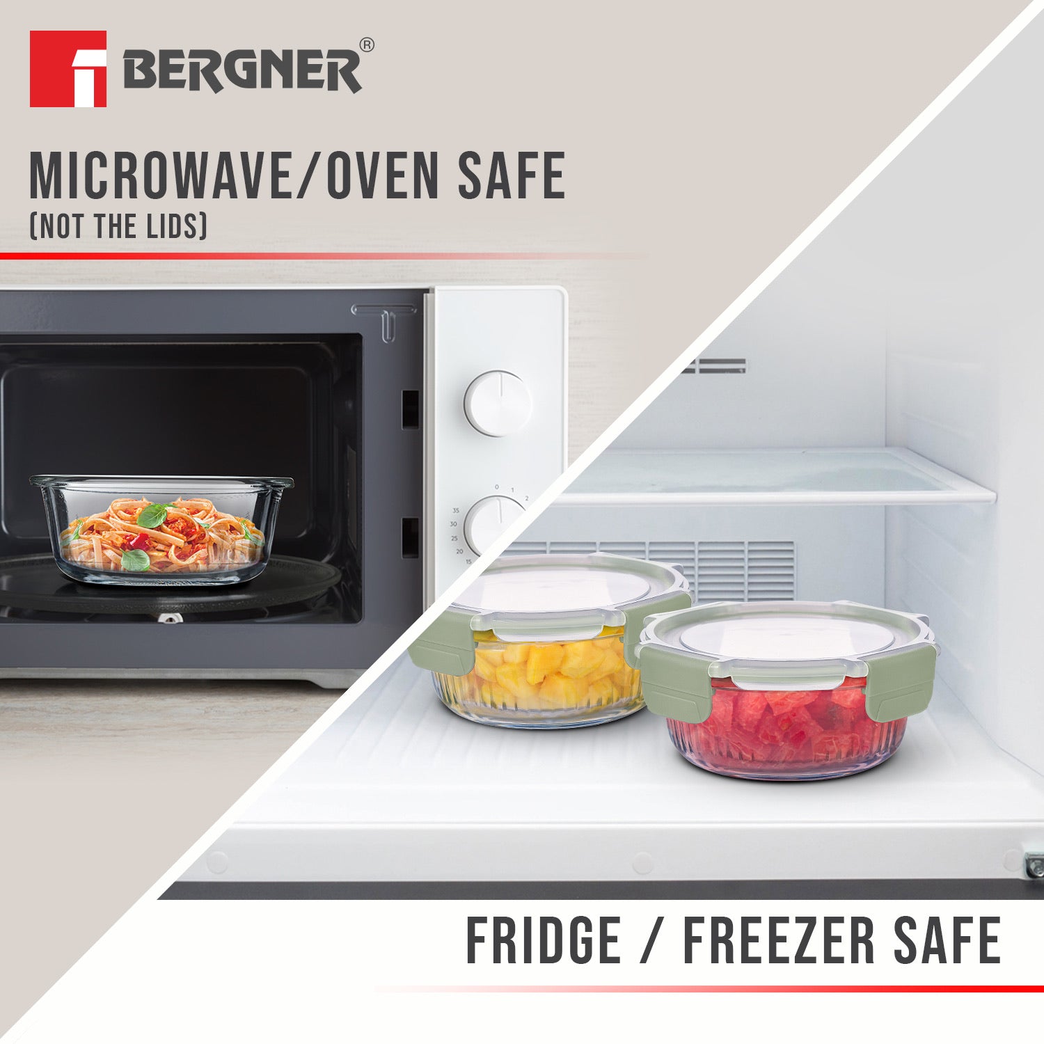 Bergner Smart Lock Borosilicate Glass Food Container, Air-Tight Lid with Locking Tab, Microwave and Oven Safe, Dishwasher Safe