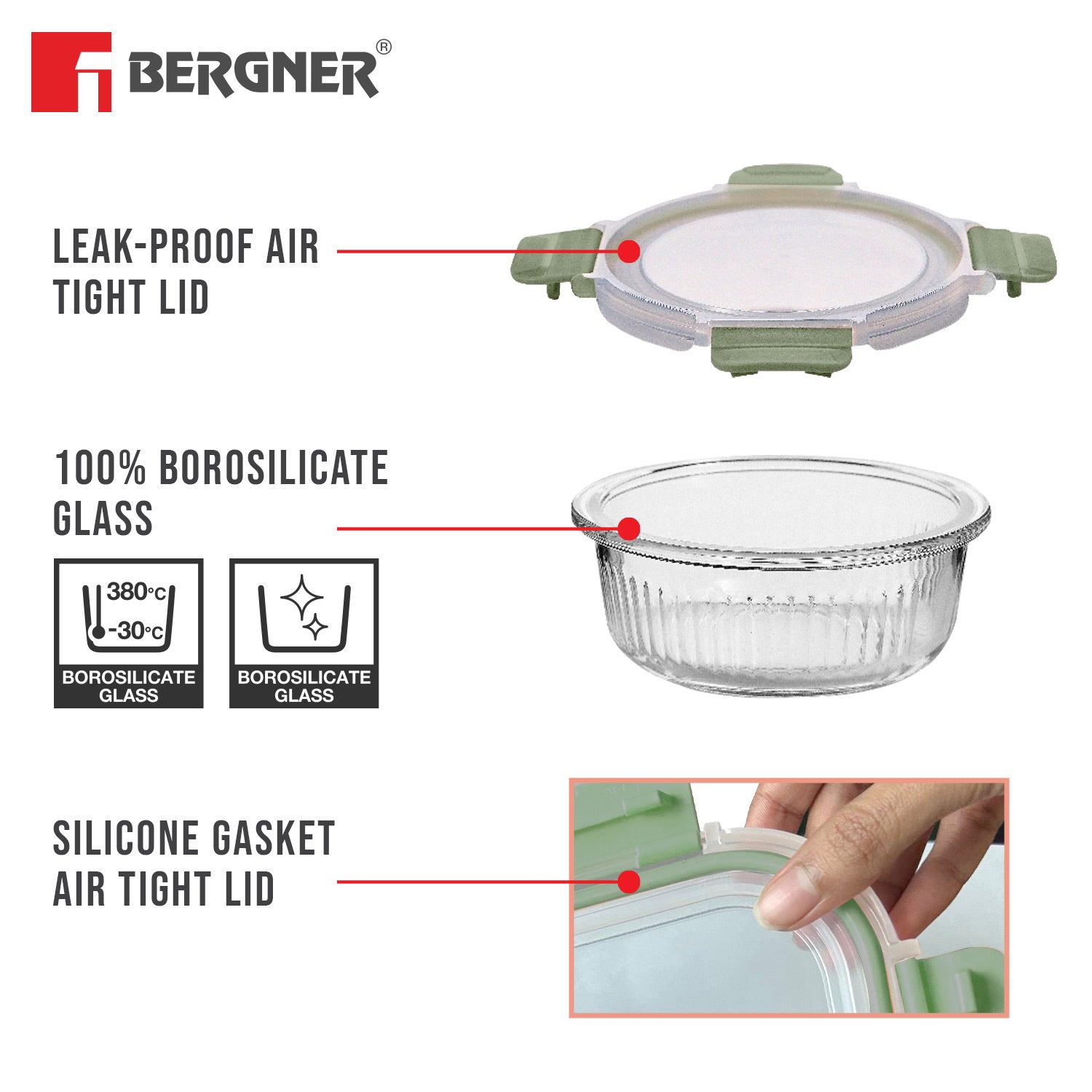 Bergner Smart Lock Borosilicate Glass Food Container, Air-Tight Lid with Locking Tab, Microwave and Oven Safe, Dishwasher Safe
