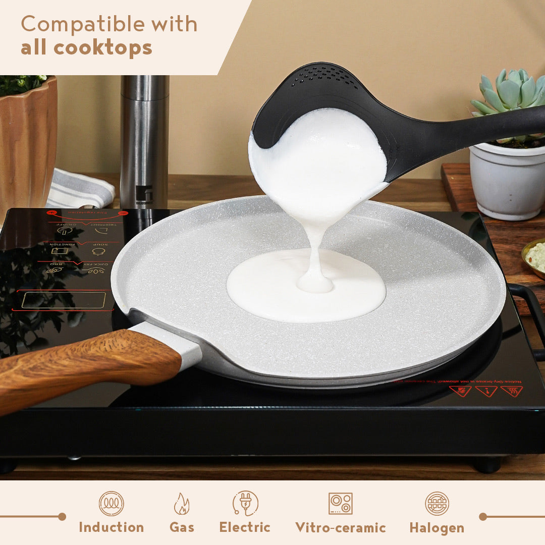 Bergner Naturally Forged Aluminum 26cm Tawa, Non-Stick Pancake Pan with Marble Coating, Comes with Non-Woven Trivet - Induction Bottom