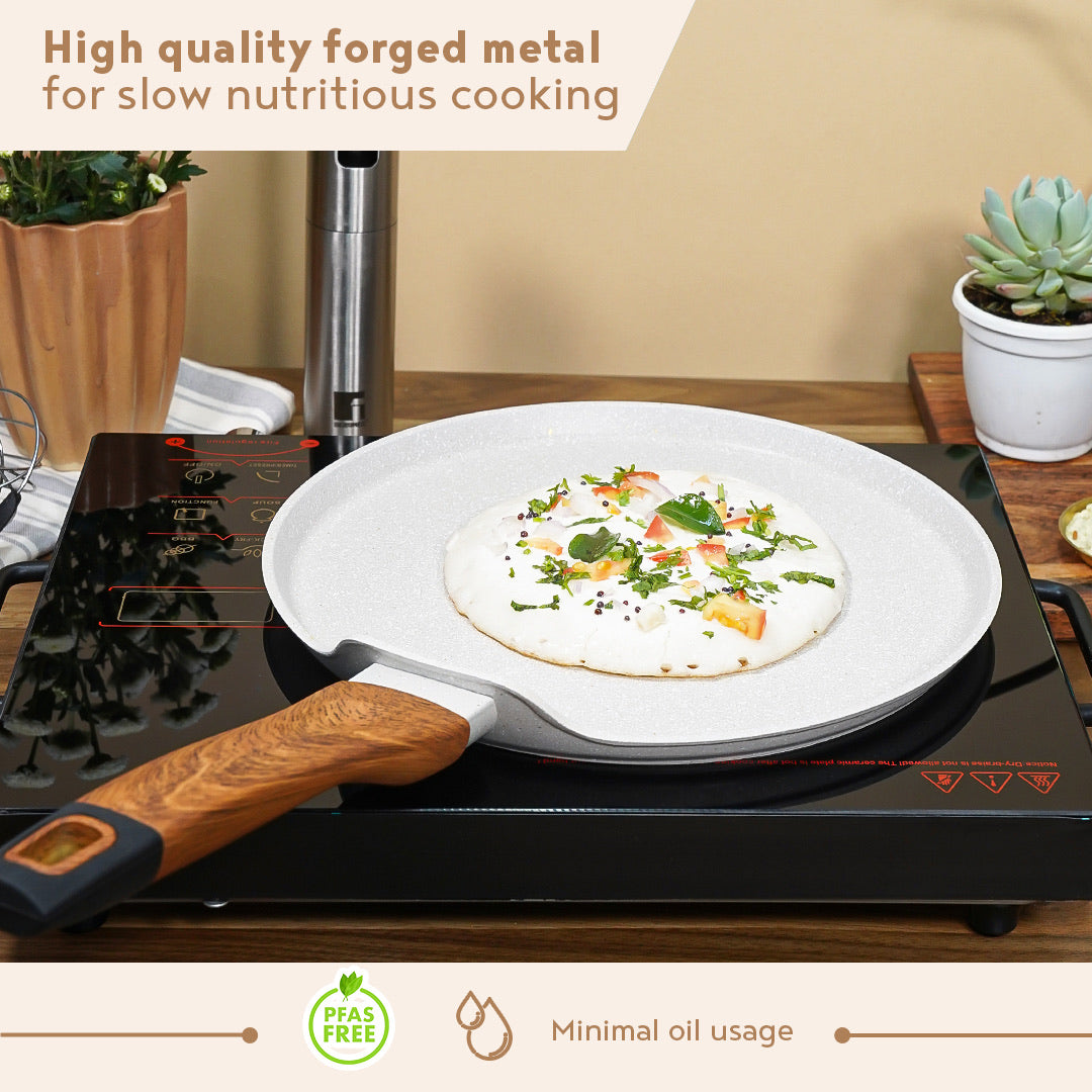 Bergner Naturally Forged Aluminum 26cm Tawa, Non-Stick Pancake Pan with Marble Coating, Comes with Non-Woven Trivet - Induction Bottom
