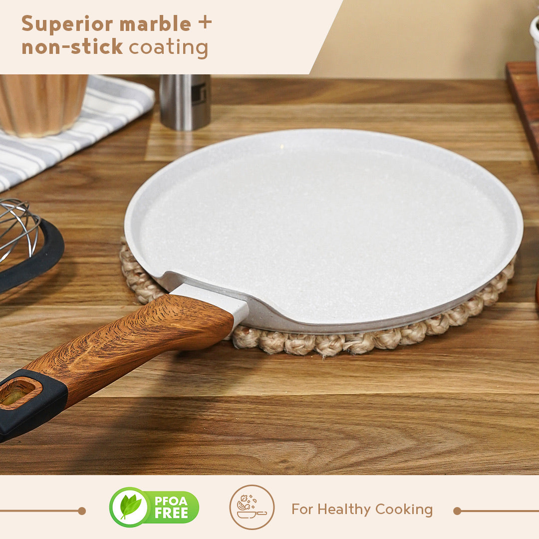 Bergner Naturally Forged Aluminum 26cm Tawa, Non-Stick Pancake Pan with Marble Coating, Comes with Non-Woven Trivet - Induction Bottom