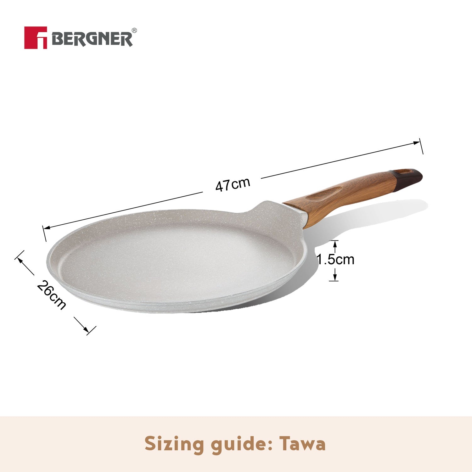 Bergner Naturally Forged Aluminum 26cm Tawa, Non-Stick Pancake Pan with Marble Coating, Comes with Non-Woven Trivet - Induction Bottom