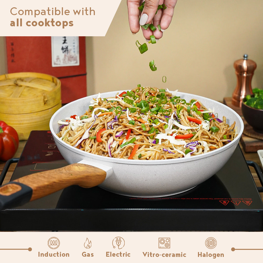 Bergner Naturally Forged Aluminum 28 cm (3.3 Liters) Wok, Non-Stick Marble Coating, Comes with Non-Woven Trivet - Induction Bottom
