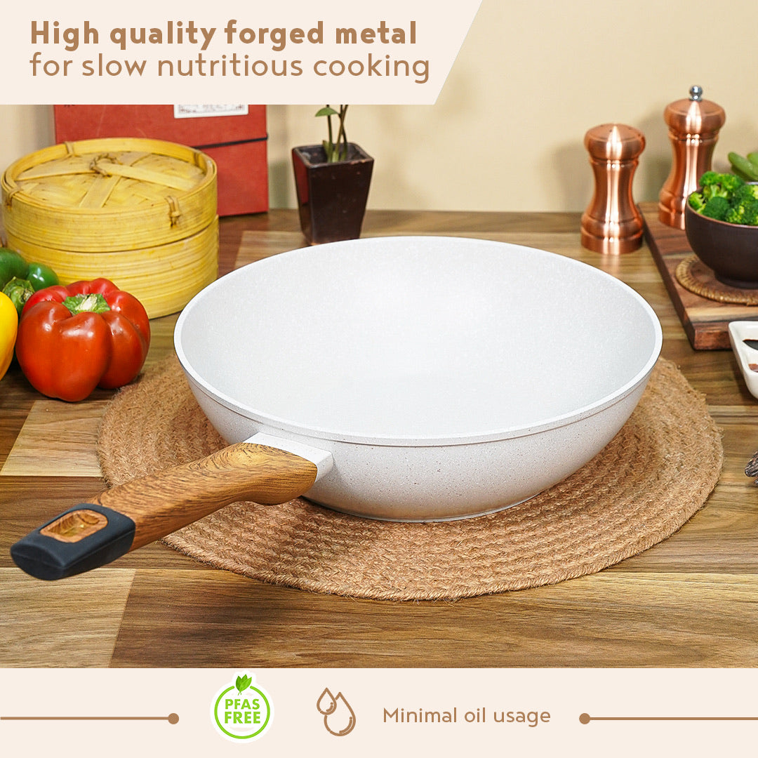Bergner Naturally Forged Aluminum 28 cm (3.3 Liters) Wok, Non-Stick Marble Coating, Comes with Non-Woven Trivet - Induction Bottom