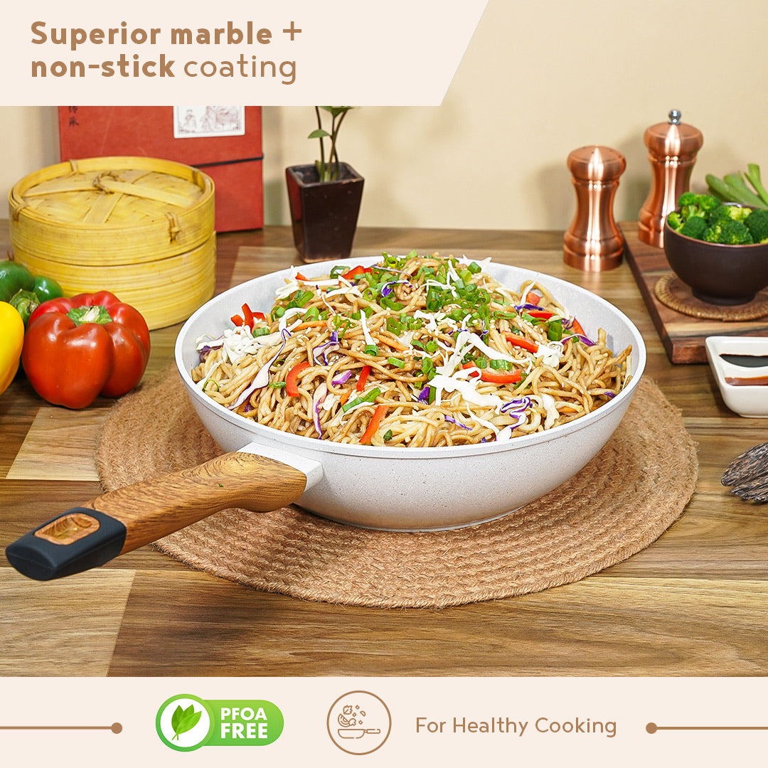 Bergner Naturally Forged Aluminum 28 cm (3.3 Liters) Wok, Non-Stick Marble Coating, Comes with Non-Woven Trivet - Induction Bottom