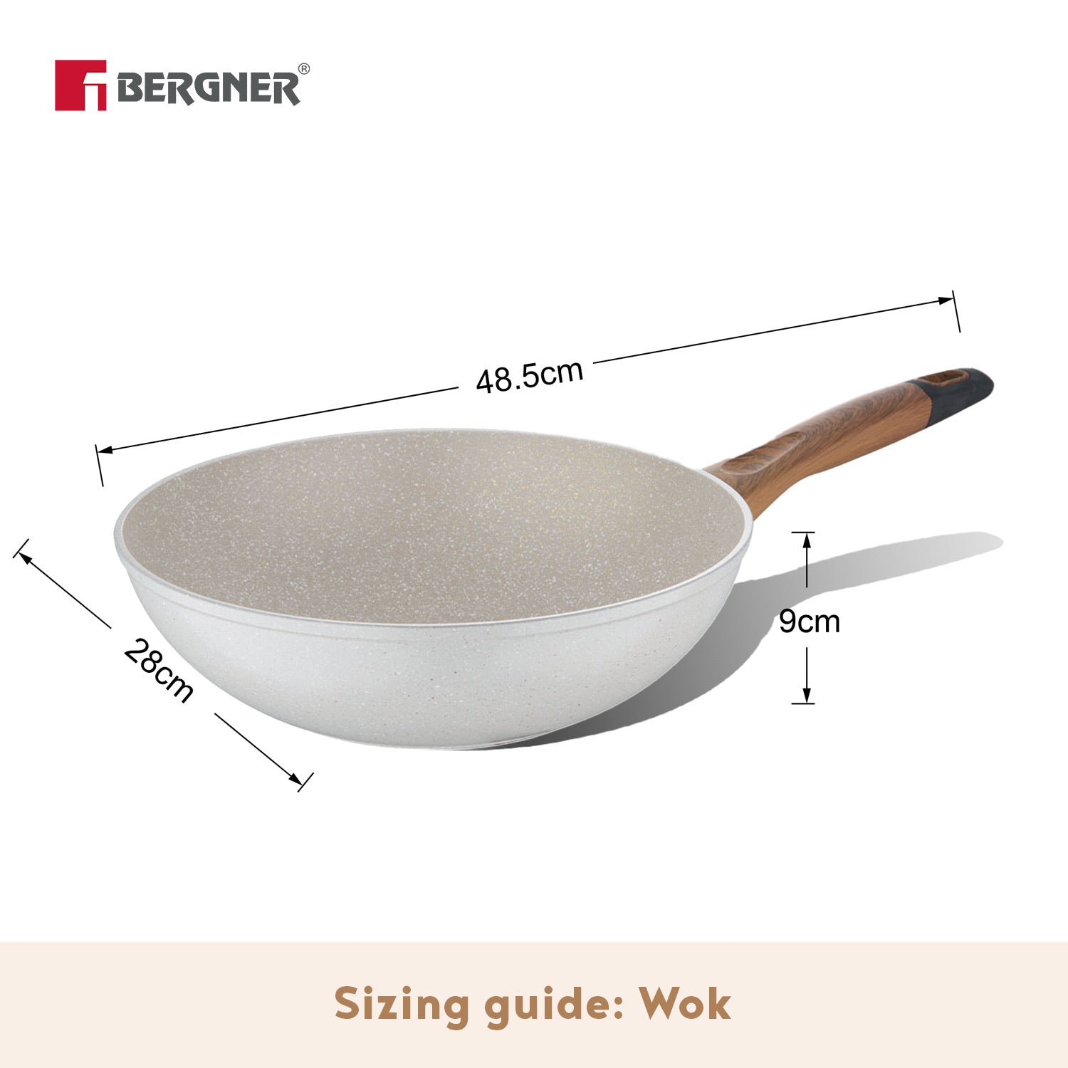 Bergner Naturally Forged Aluminum 28 cm (3.3 Liters) Wok, Non-Stick Marble Coating, Comes with Non-Woven Trivet - Induction Bottom