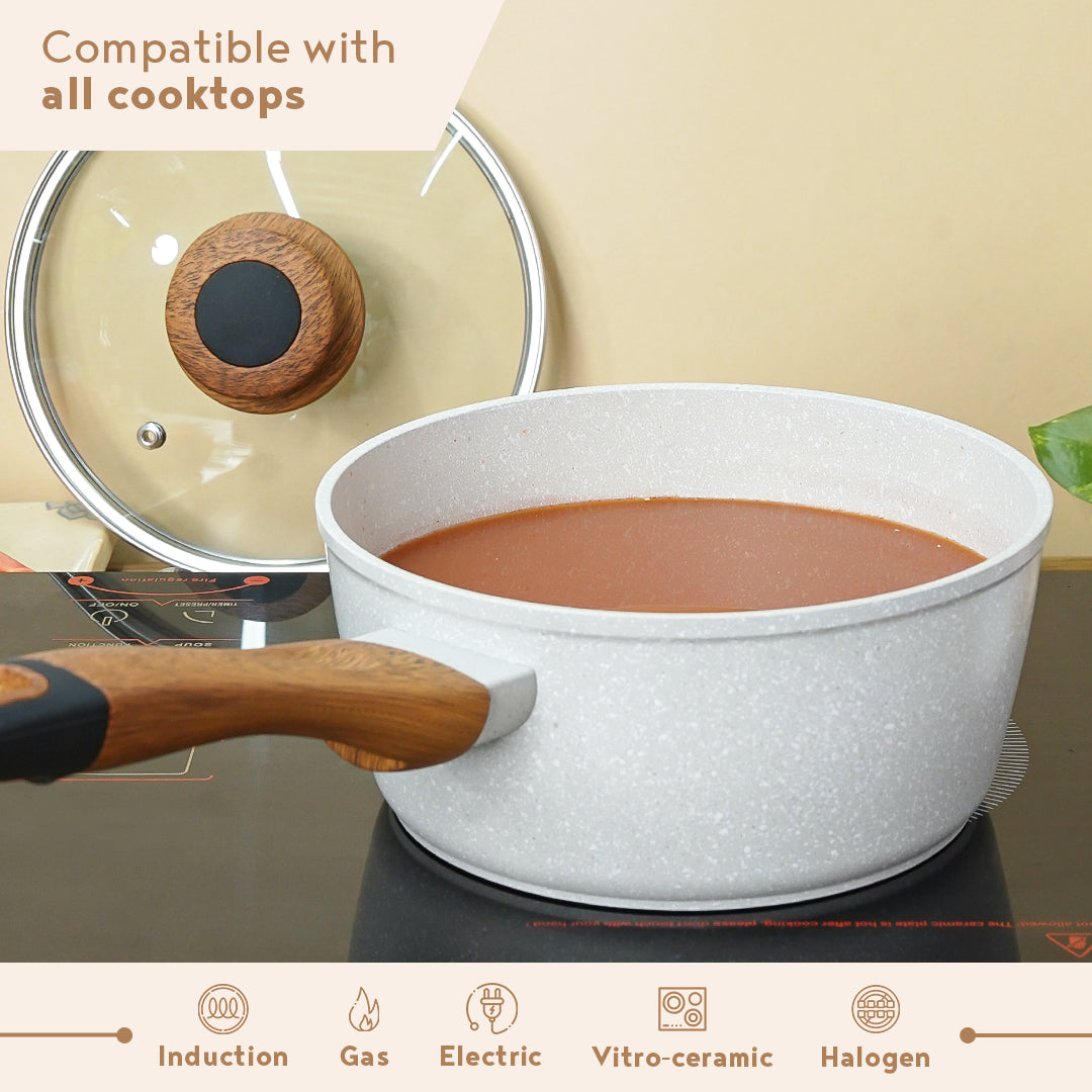 Bergner Naturally Forged Aluminum 18cm (1.7 Litres) Saucepan with Glass Lid, Non-Stick Marble Coating, Comes with Non-Woven Trivet - Induction Bottom